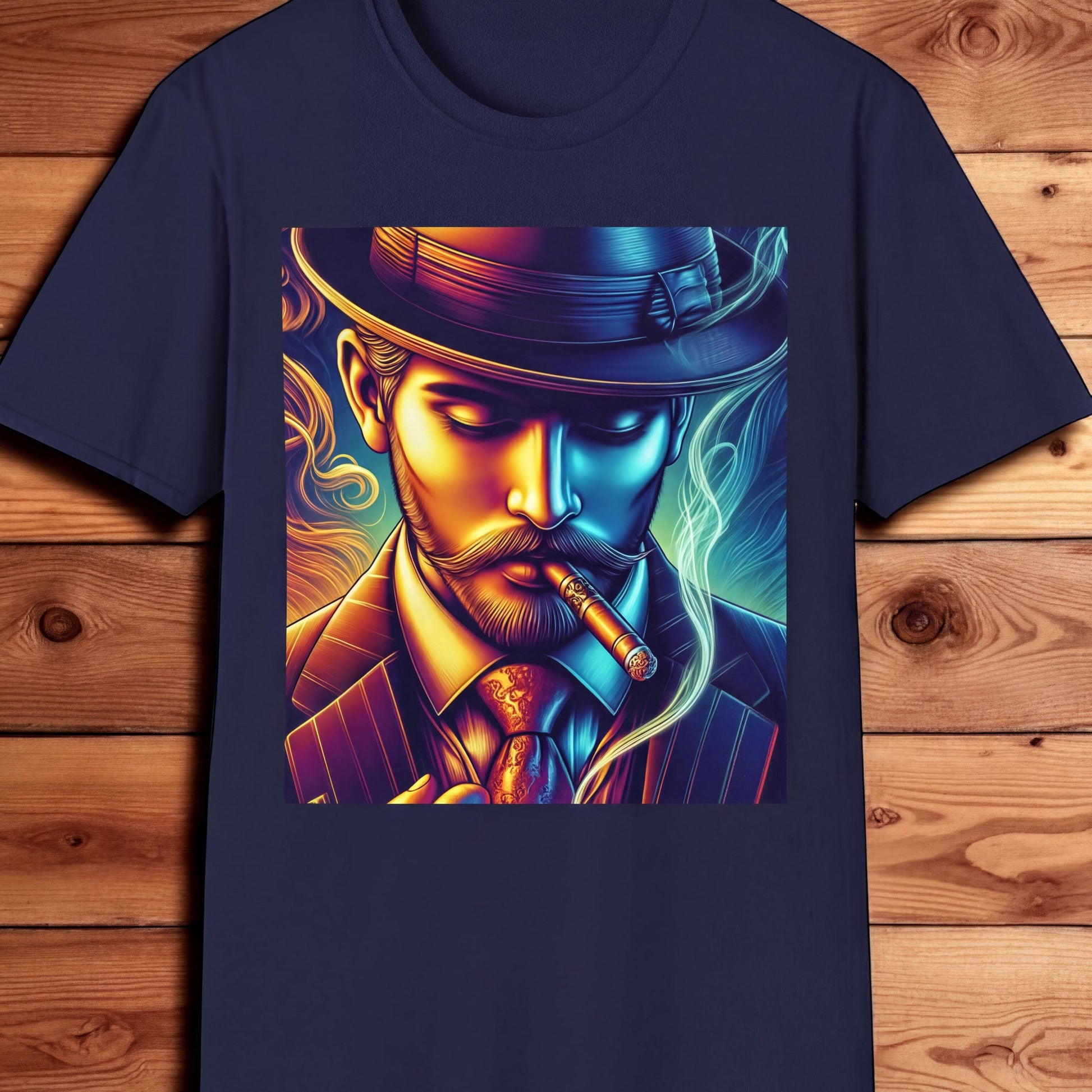 A t-shirt with a colorful graphic of a man wearing a hat and smoking a cigar.