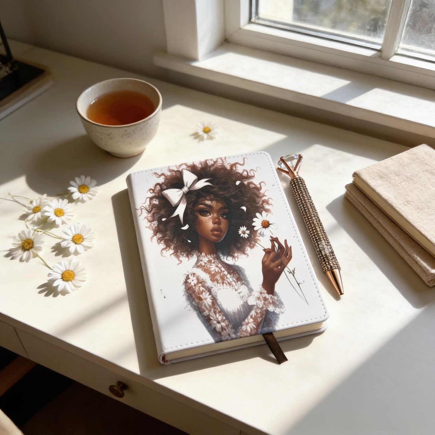 A white desk with a notebook featuring a woman's portrait, a cup of tea, a pen, and a stack of papers, along with a few white daisies.