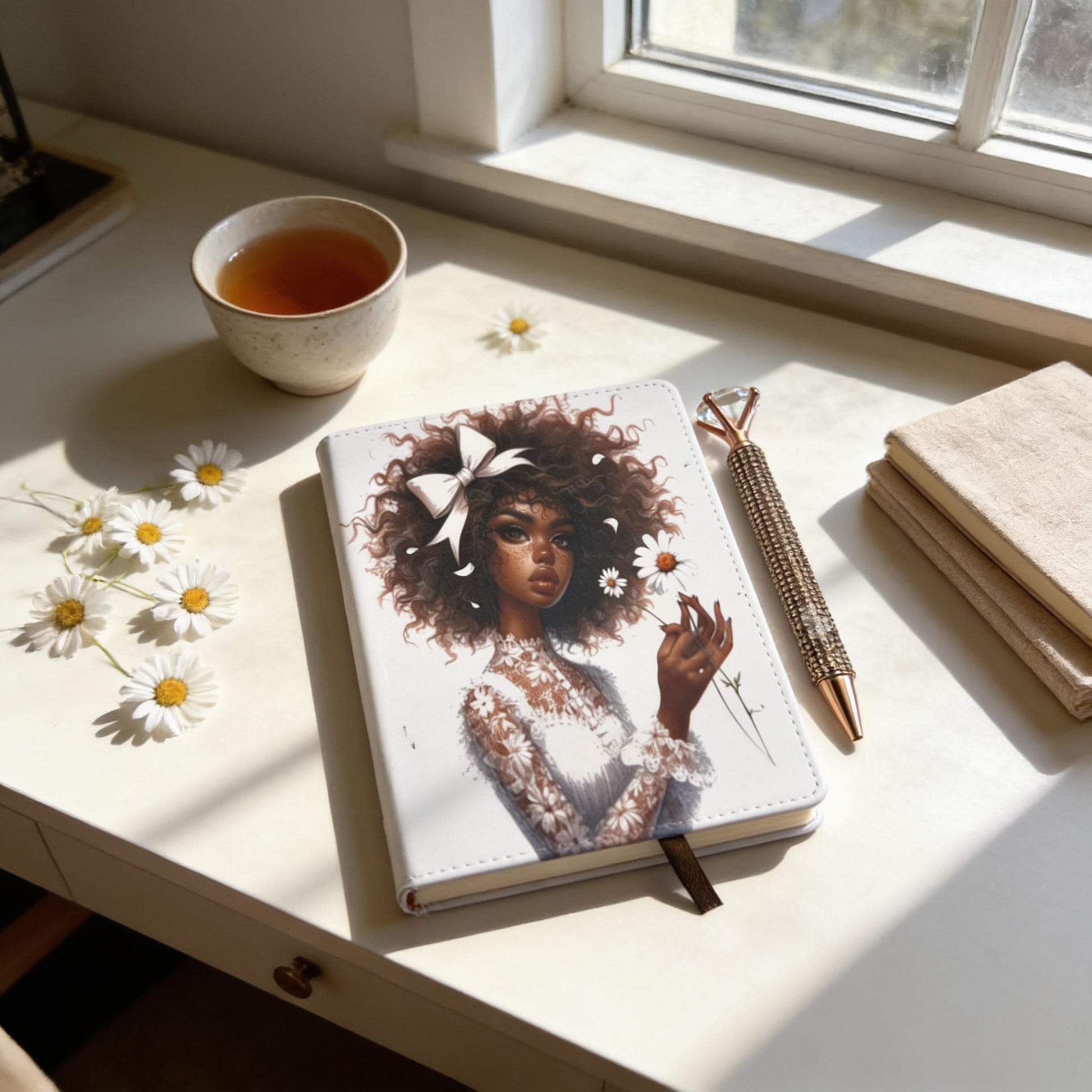A white desk with a notebook featuring a woman's portrait, a cup of tea, a pen, and a stack of papers, along with a few white daisies.