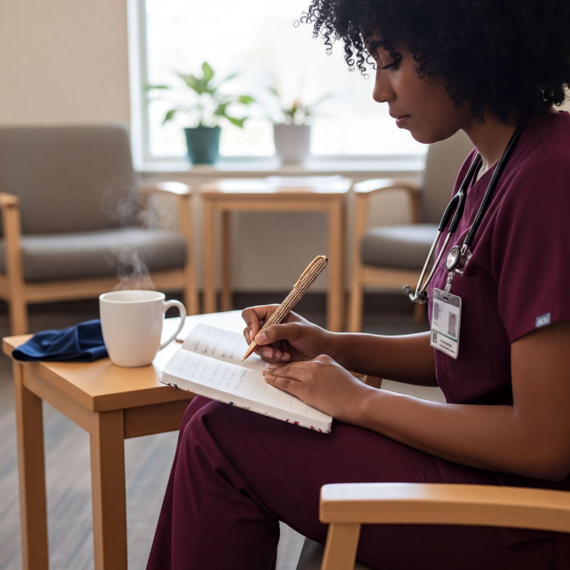 A woman in a medical uniform is sitting in a chair, writing in a notebook while holding a pen.