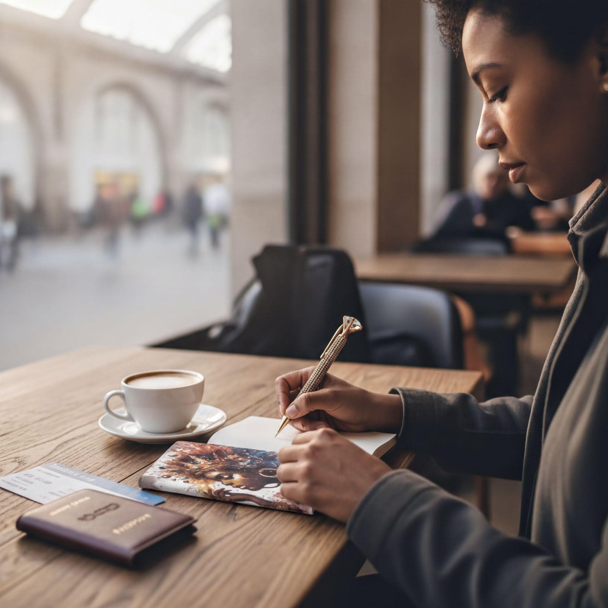 A woman is sitting at a table, writing in a notebook while holding a pen. There is a cup of coffee and a passport on the table, suggesting she may be traveling or preparing for a trip.