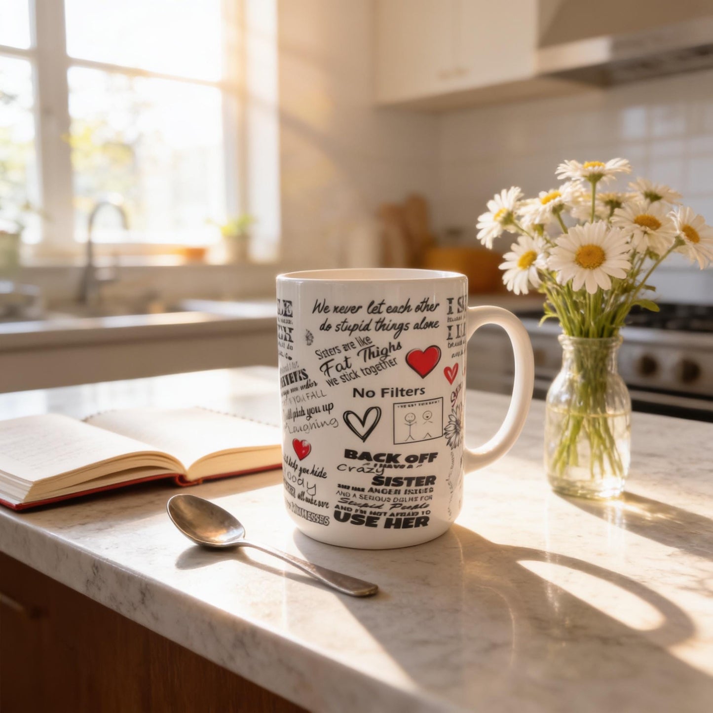 a white mug with various sayings and illustrations on it, placed on a kitchen counter next to a vase of white flowers and an open book.
