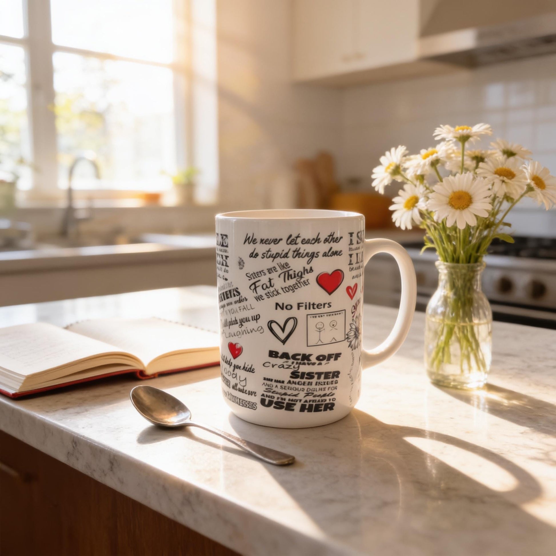 a white mug with various sayings and illustrations on it, placed on a kitchen counter next to a vase of white flowers and an open book.