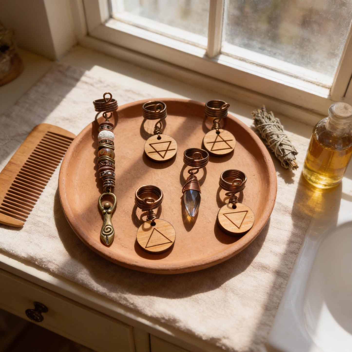 A wooden tray with various metal and wooden charms, including pendants and rings, placed on a white countertop next to a wooden comb and a bottle of oil.
