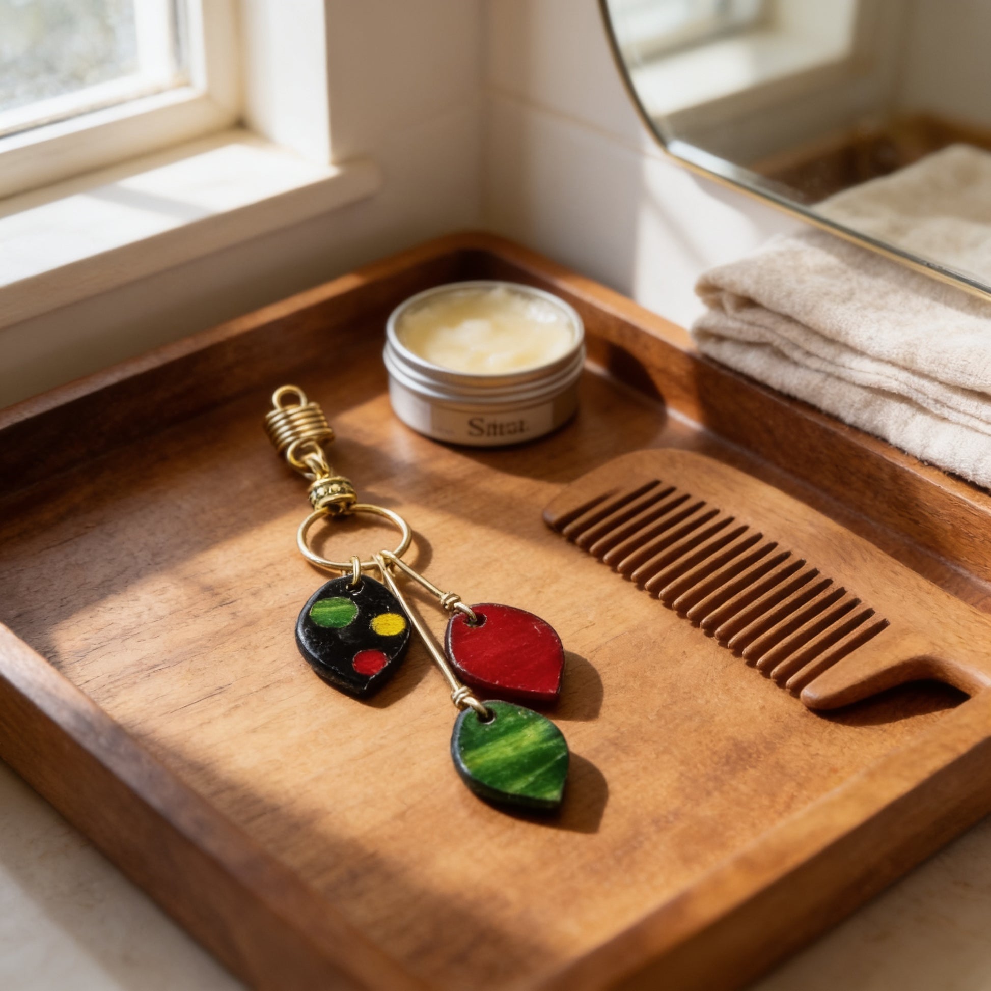 A wooden tray with a comb, a small jar of cream, and a colorful keychain is placed on a windowsill.