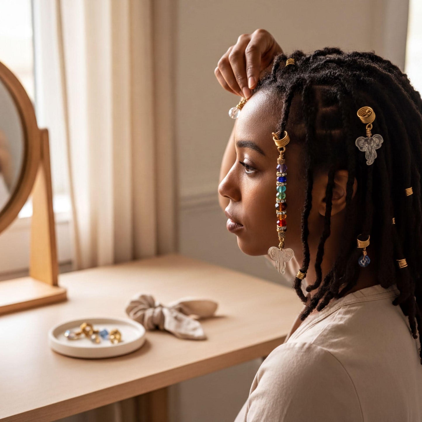 A woman with braided hair is sitting at a desk, looking at her reflection in a mirror. She is wearing colorful earrings and has a white plate with jewelry on the desk in front of her.