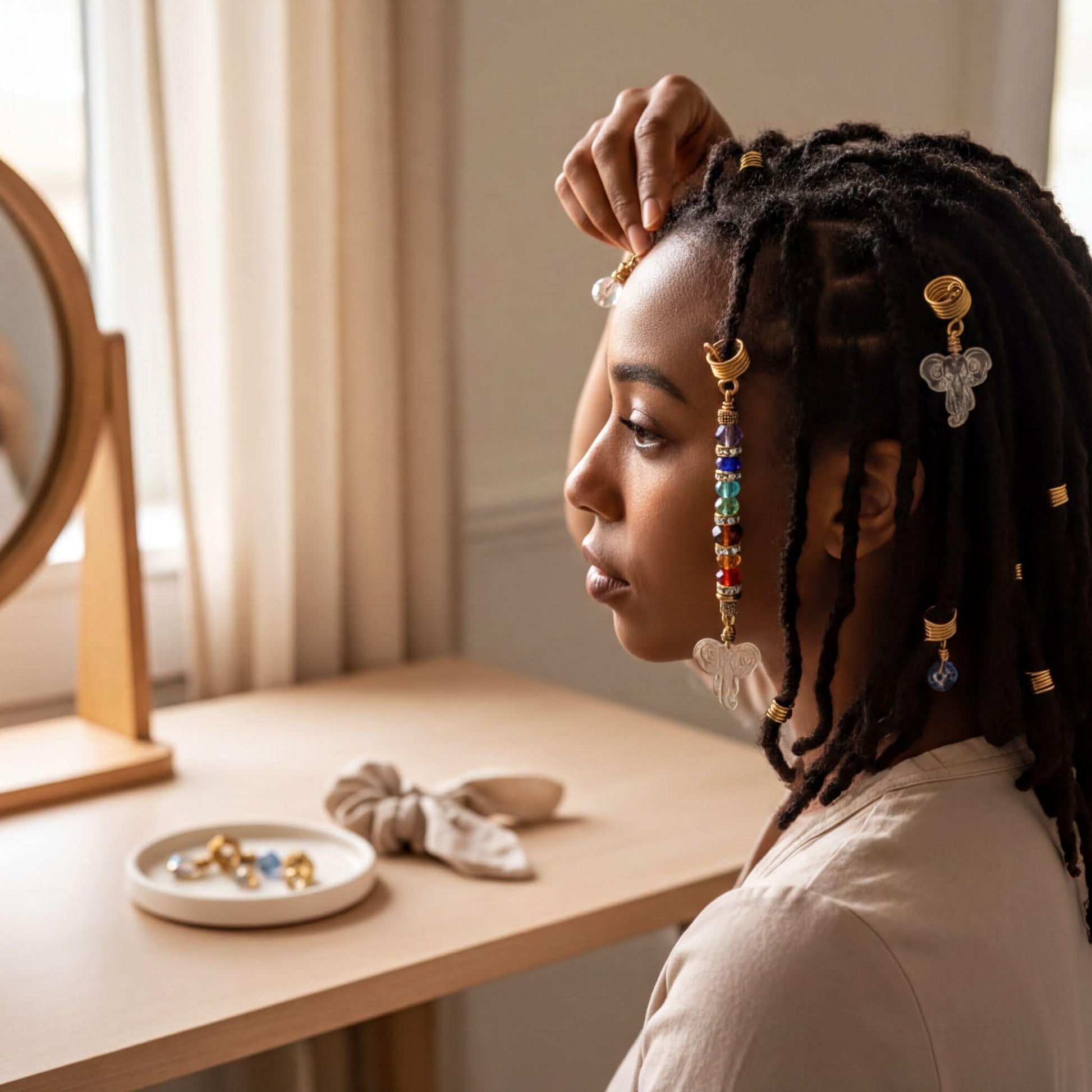A woman with braided hair is sitting at a desk, looking at her reflection in a mirror. She is wearing colorful earrings and has a white plate with jewelry on the desk in front of her.