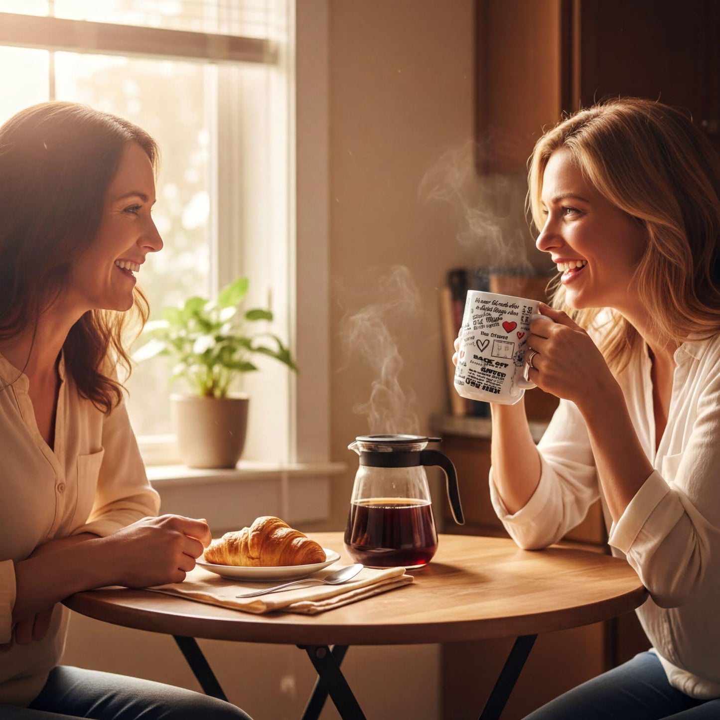Two women are sitting at a table, smiling and enjoying each other's company while drinking coffee and eating croissants.