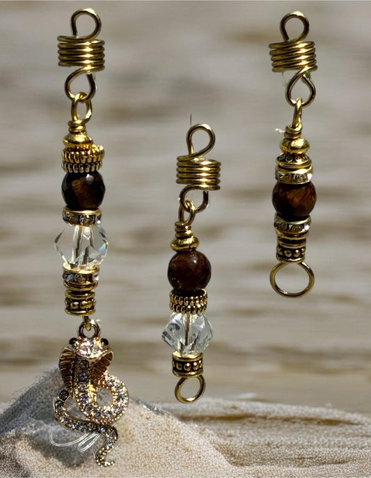Tiger's Eye Snake Loc Jewelry: Gold Coil Braid Charms, Crystal Accents