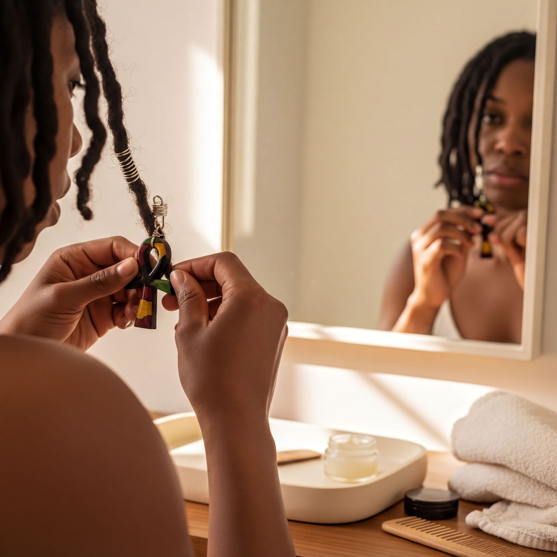 A person with dreadlocks is standing in front of a mirror, holding a small object in their hand.