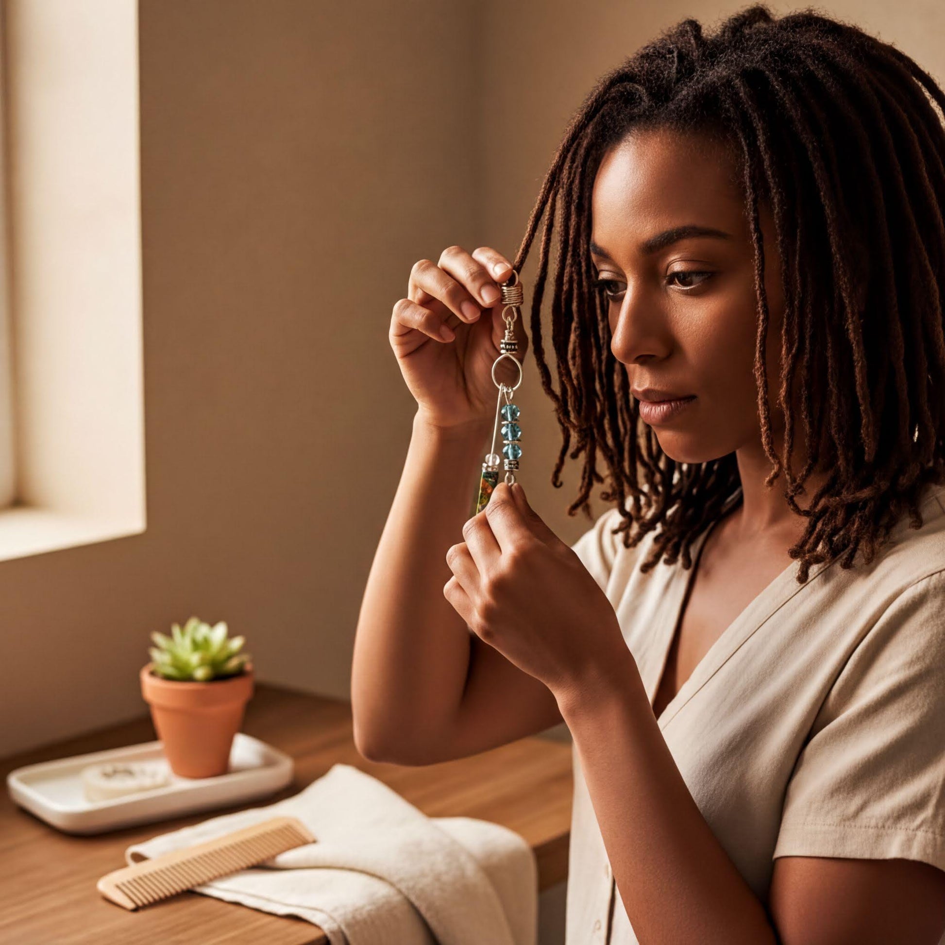 A woman with dreadlocks is holding a keychain with a potted plant and a wooden comb on a table.