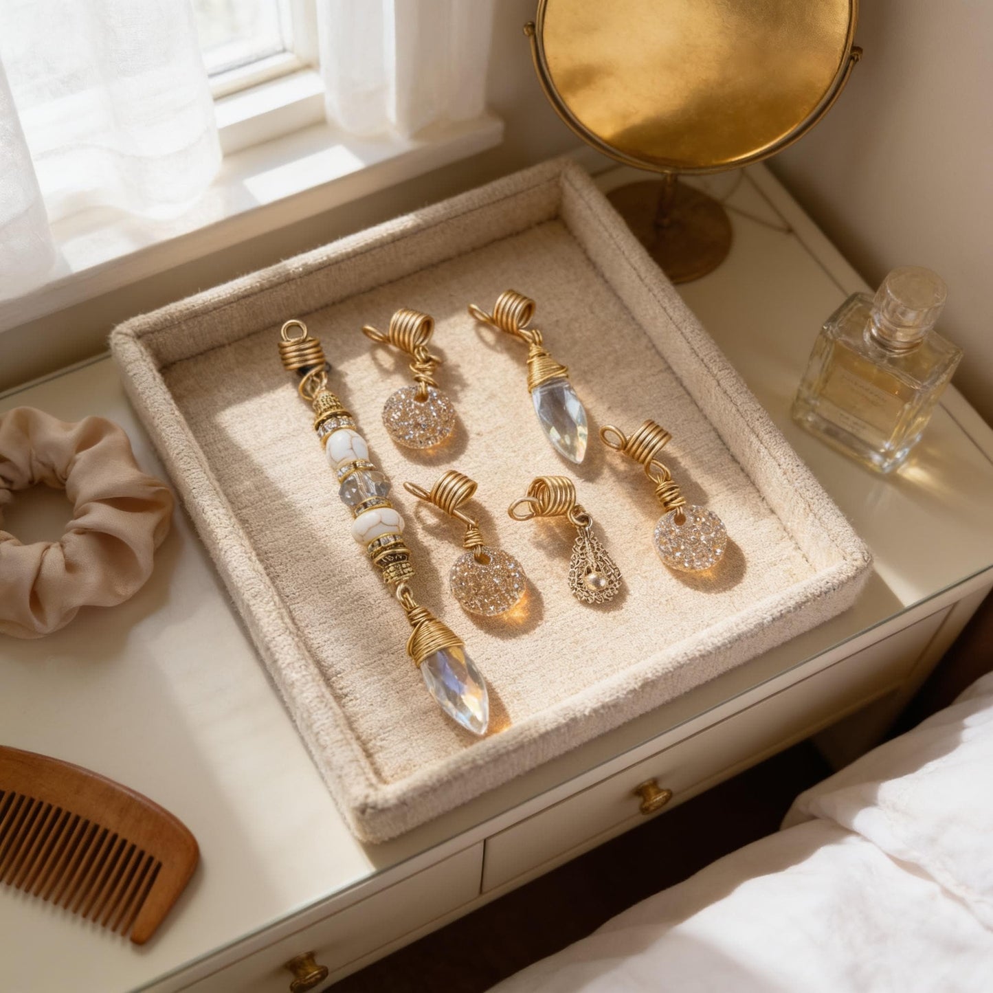 A beige tray on a white dresser holds various pieces of jewelry, including necklaces and earrings, with a mirror and a bottle of perfume nearby.
