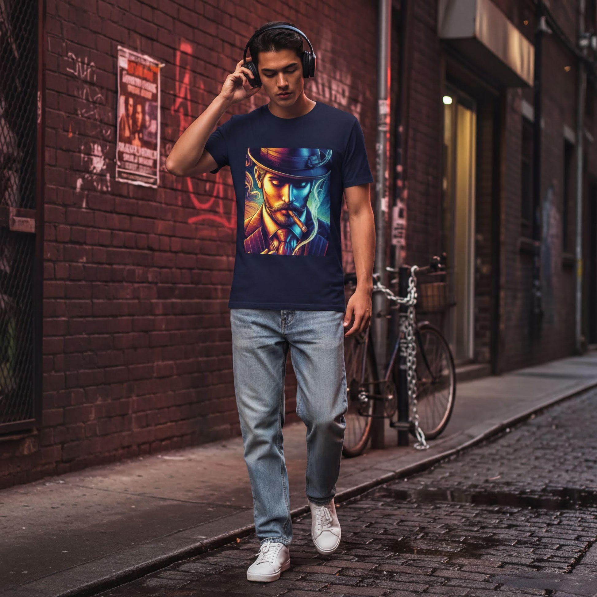 A man wearing headphones and a t-shirt with a colorful graphic is walking down a brick-lined street, with a bicycle parked nearby.