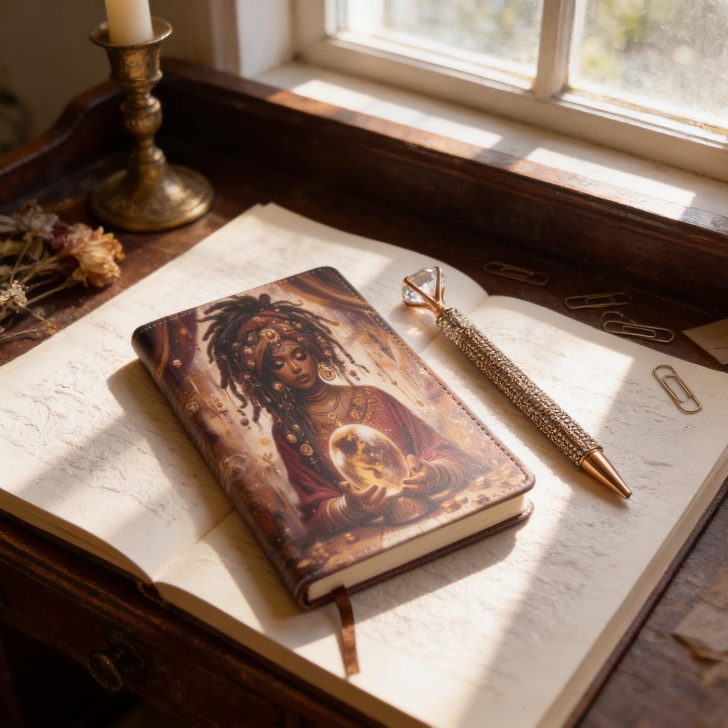 a notebook with an artistic cover, a pen, and a candlestick on a wooden desk near a window.