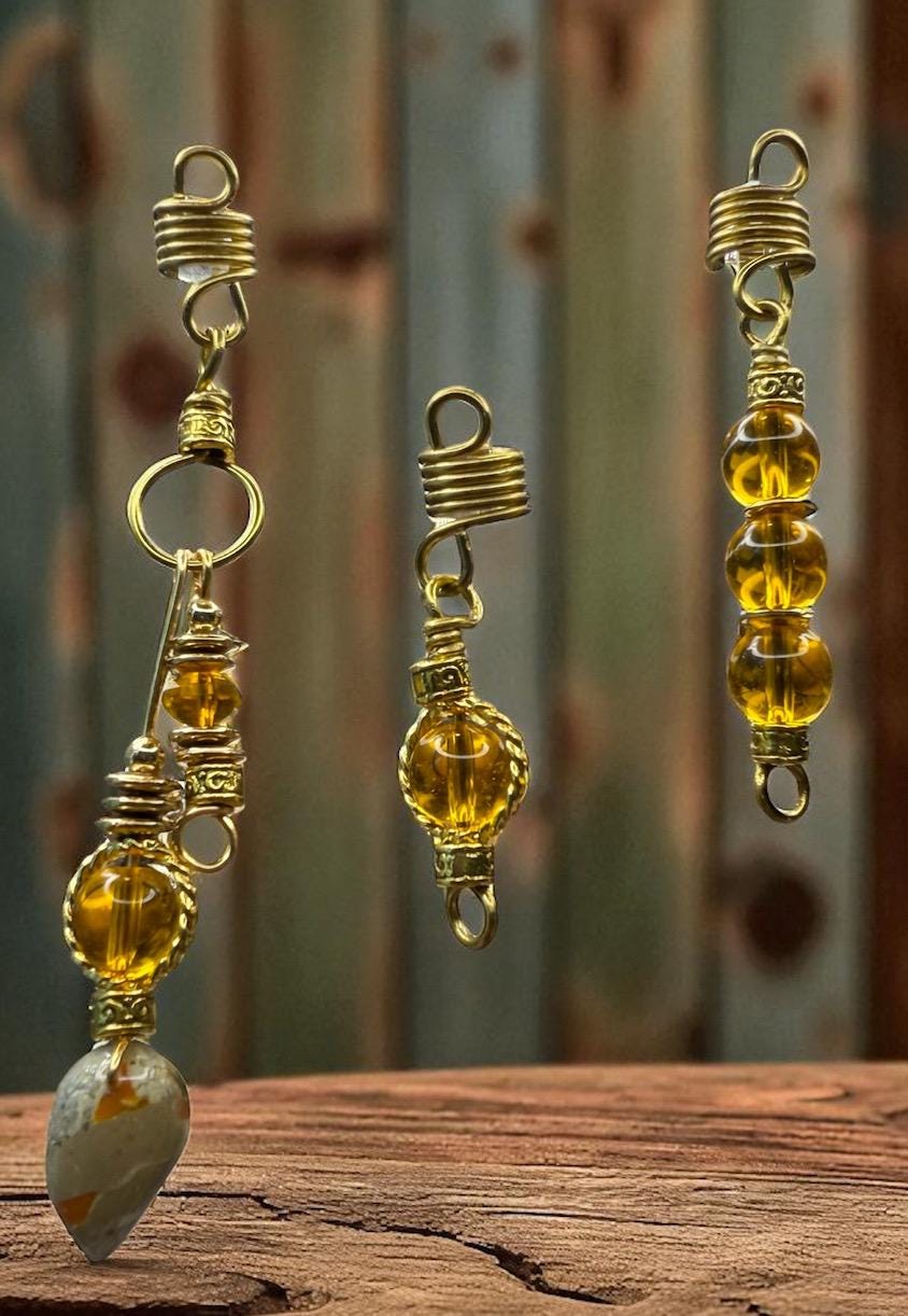 Handmade Amber & Gold Loc Jewelry Set: Tarnish Resistant Braid Charms