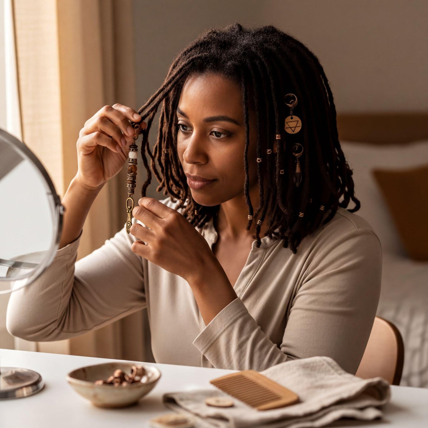 A woman with dreadlocks is sitting at a table, looking at herself in a mirror and adjusting her hair.