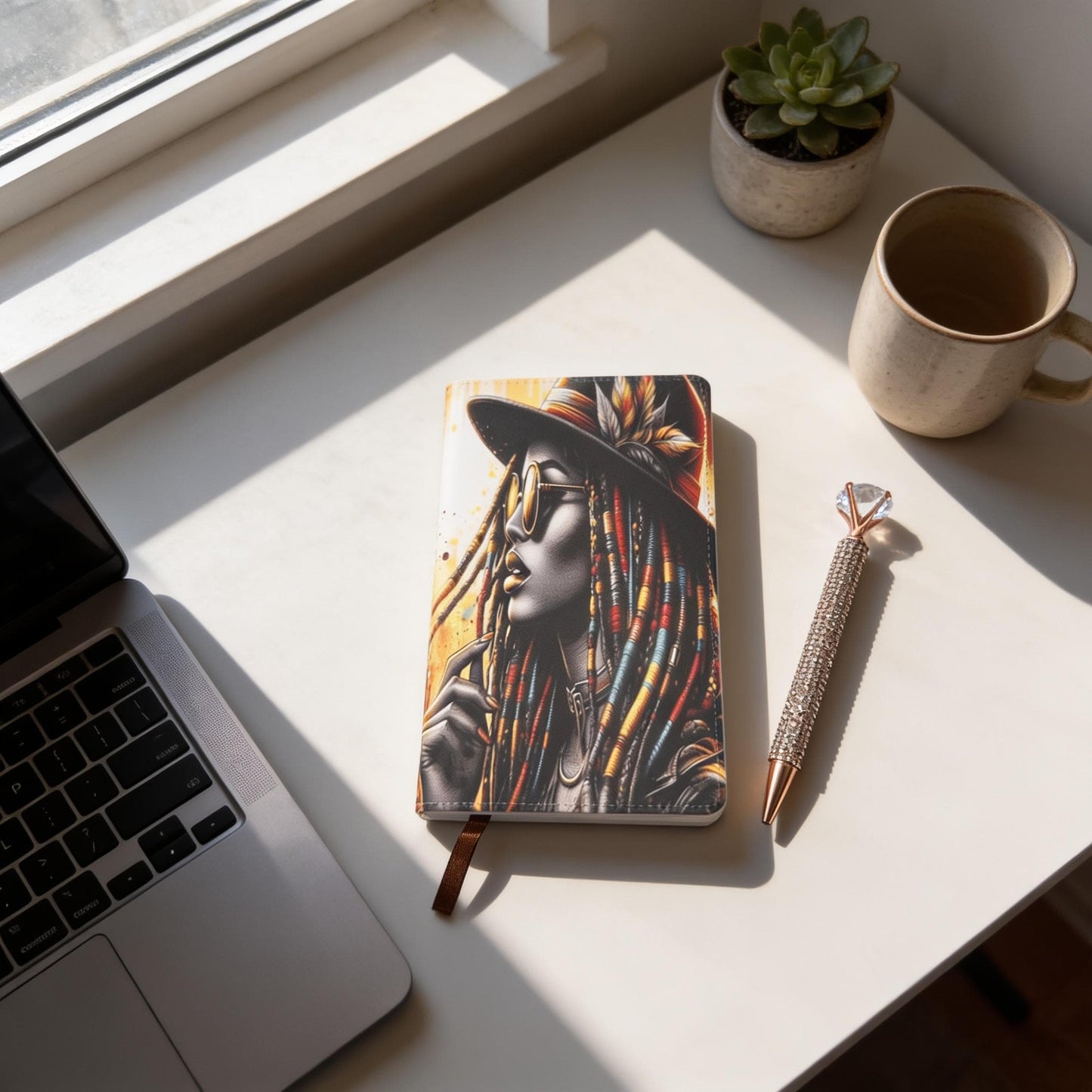 a notebook with a colorful illustration of a woman's face, a laptop, a pen, and a small potted plant on a white surface.