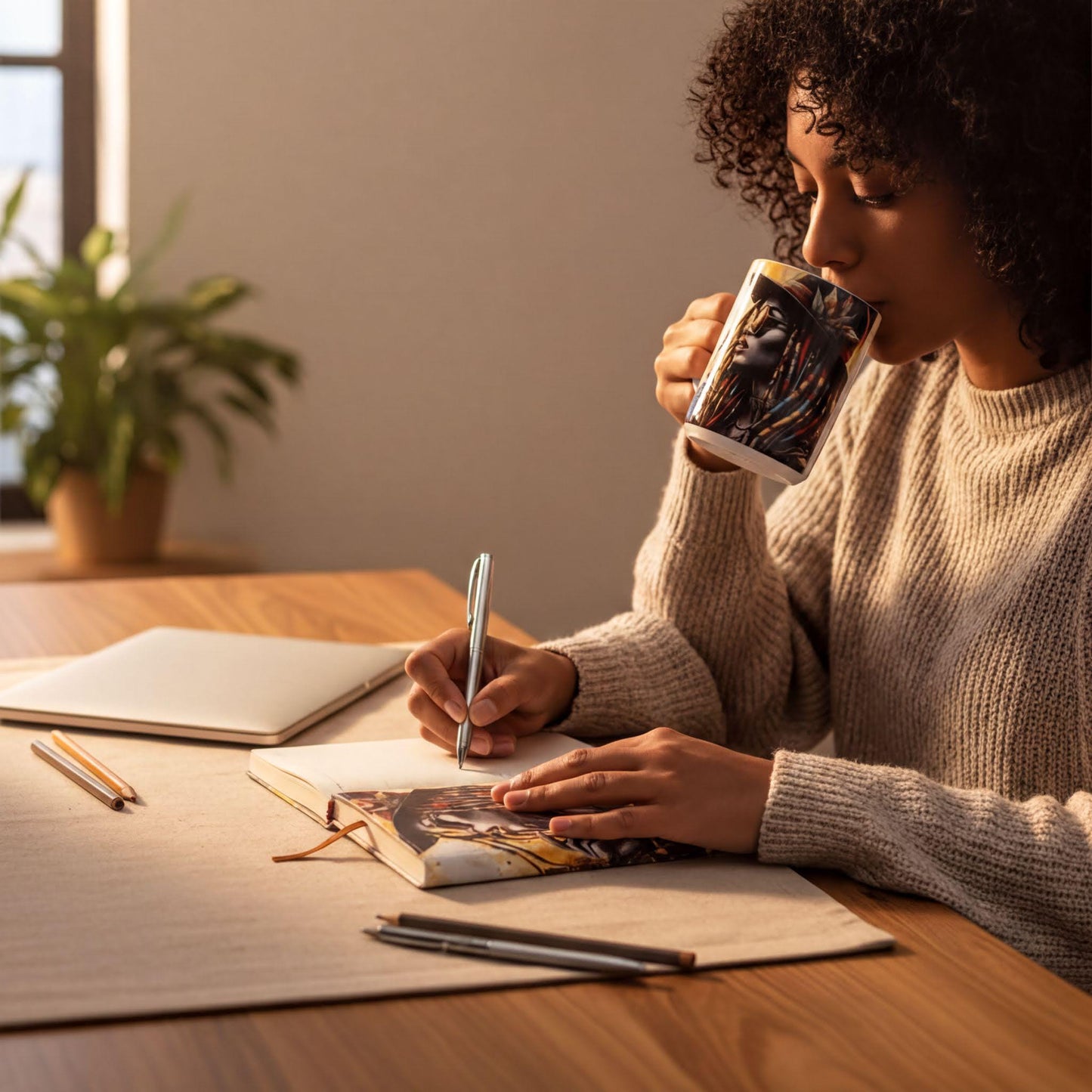 A woman is sitting at a desk, writing in a notebook while sipping from a mug. She is surrounded by various office supplies and a laptop, suggesting a workspace or study area.