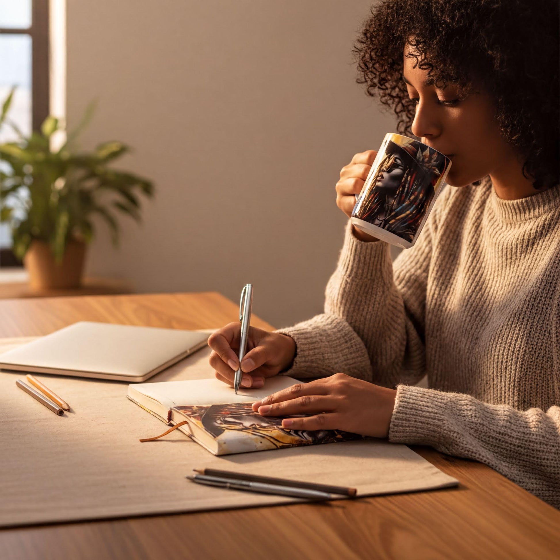 A woman is sitting at a desk, writing in a notebook while sipping from a mug. She is surrounded by various office supplies and a laptop, suggesting a workspace or study area.
