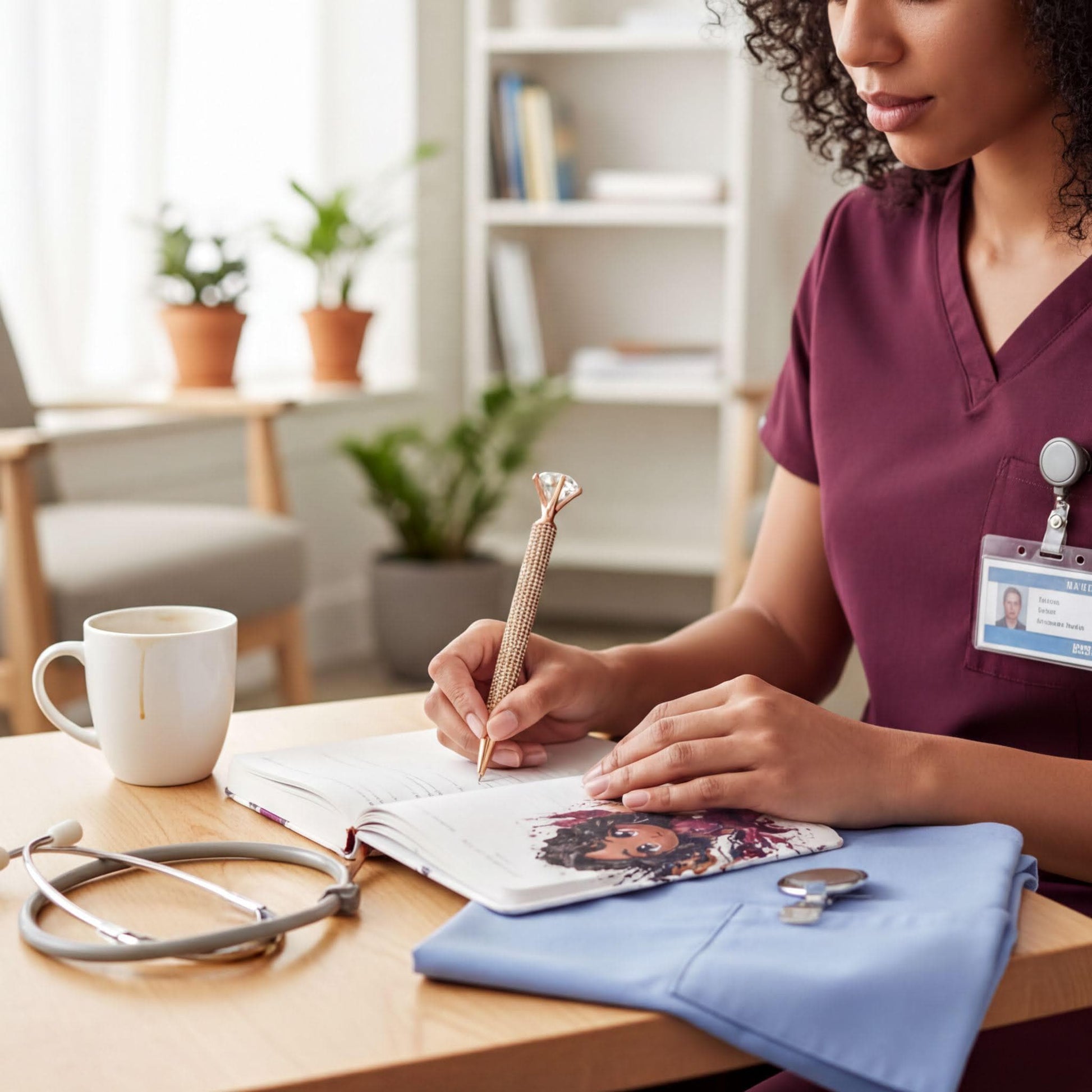 A woman in a purple shirt is sitting at a desk, writing in a notebook with a pen. She is wearing a name tag and has a stethoscope and a coffee cup on the desk.