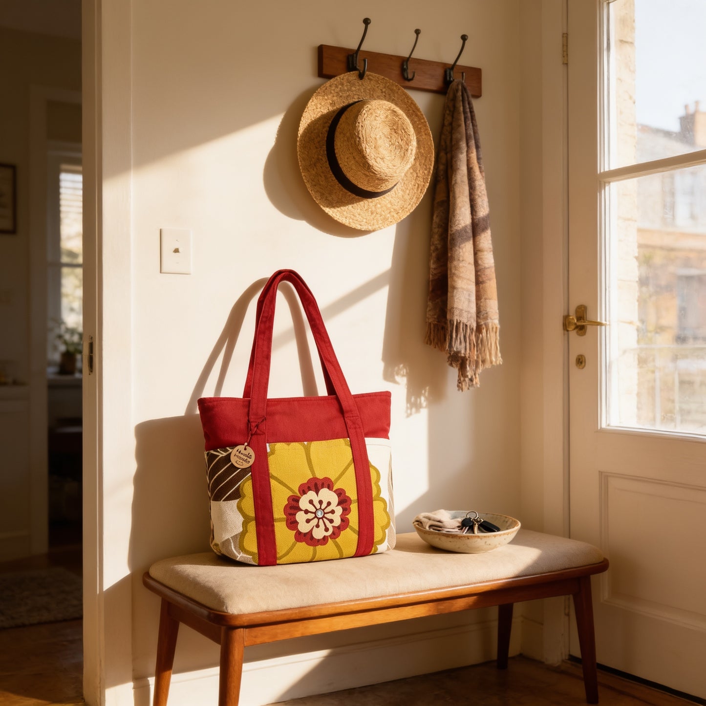 A red and yellow tote bag with a floral pattern sits on a wooden bench in a hallway, with a straw hat hanging on a wall hook and a scarf draped over a coat rack nearby.