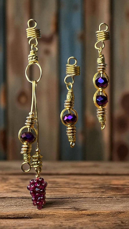 Grape Twist Loc Jewelry Set: Gold Wire Wrapped Hair Accessories