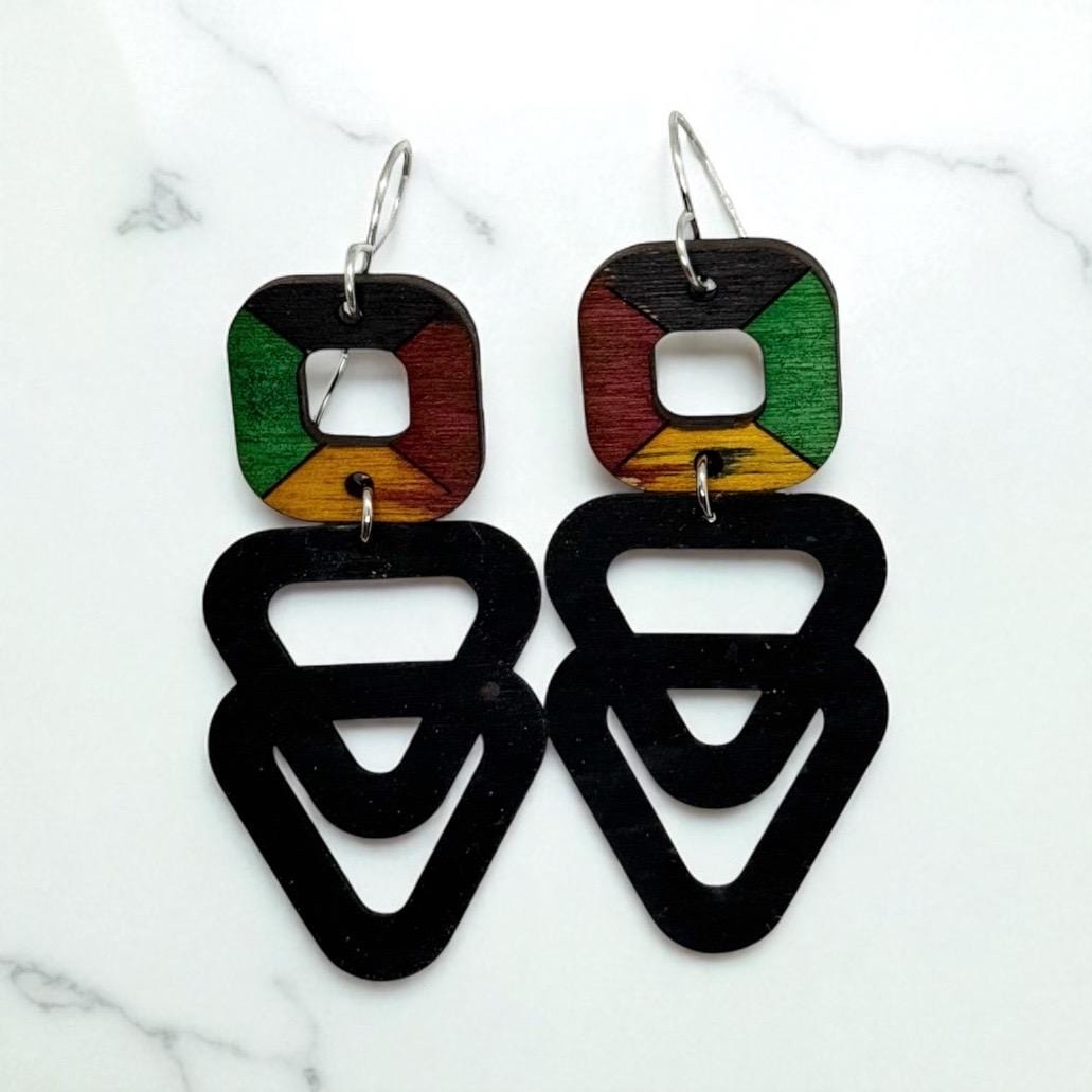 Heritage Vibe | Wooden Statement Earrings, Pan-African Geometric Cutouts - Red Green Yellow Black