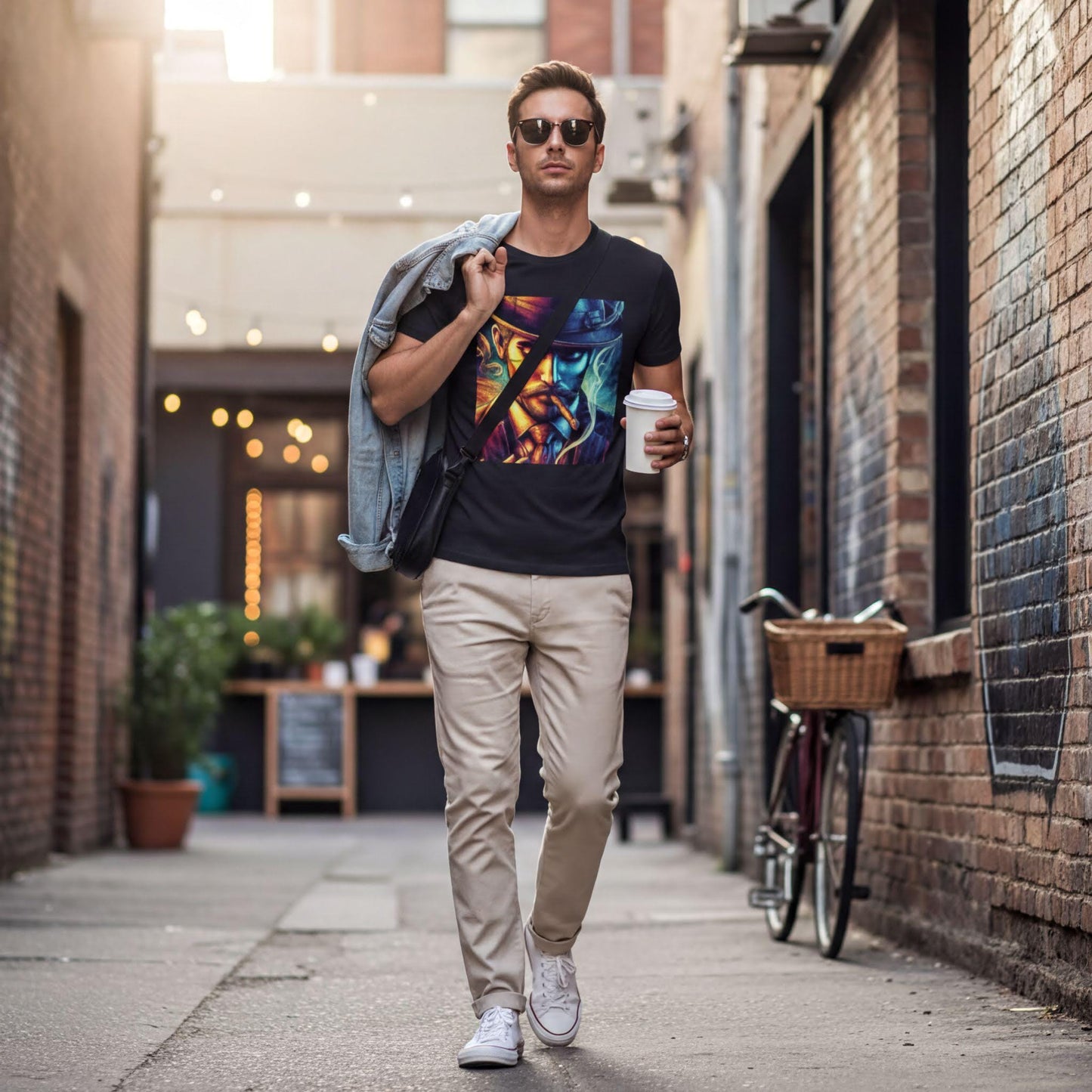 A man wearing a black t-shirt with a colorful graphic, beige pants, and sunglasses walks down a narrow alleyway while carrying a coffee cup and a denim jacket.