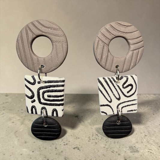 Neutral Muse Geometric Earrings – Textured Taupe, Black White Abstract Drops