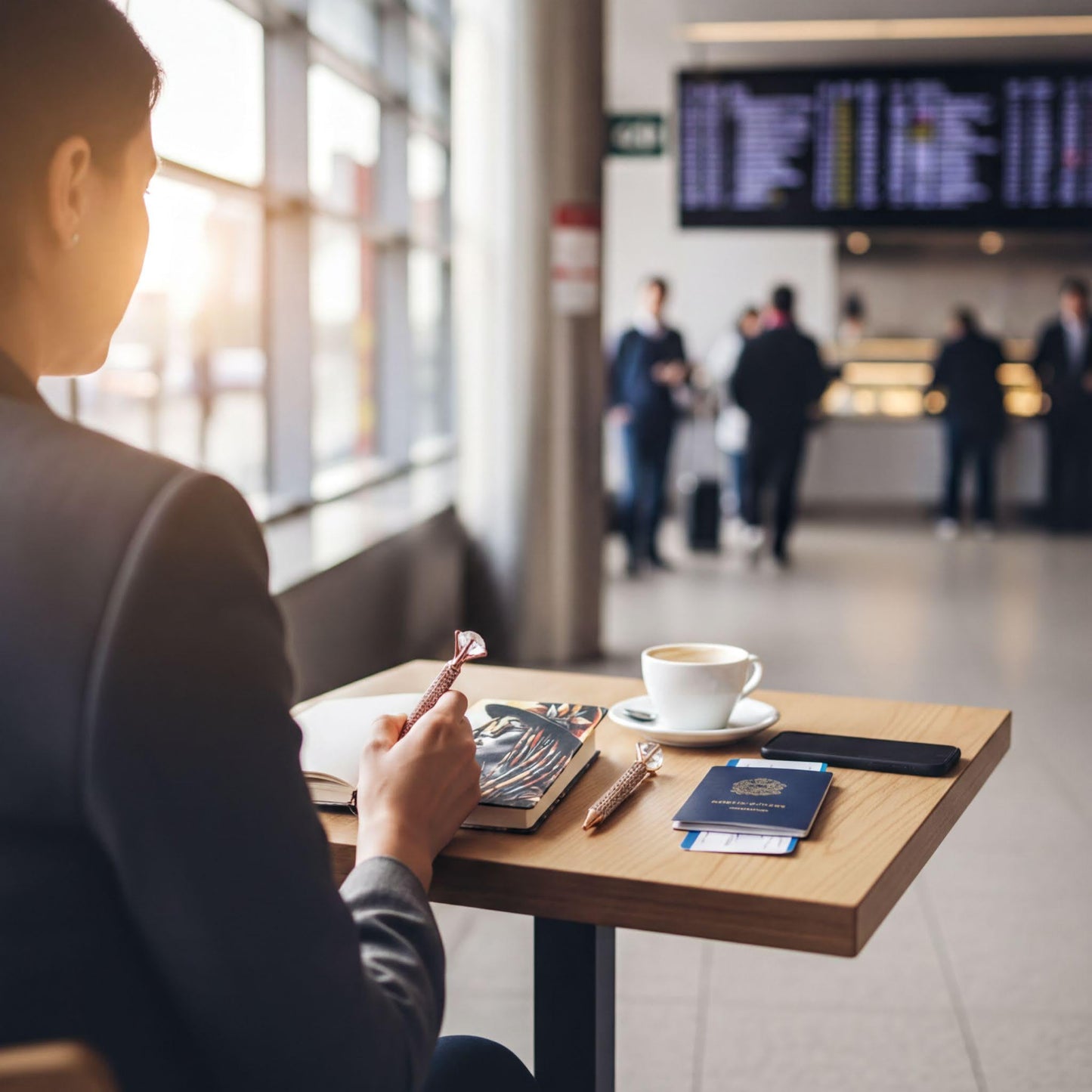 A person is sitting at a table in a busy airport terminal, writing in a notebook while holding a pen and a cup of coffee.