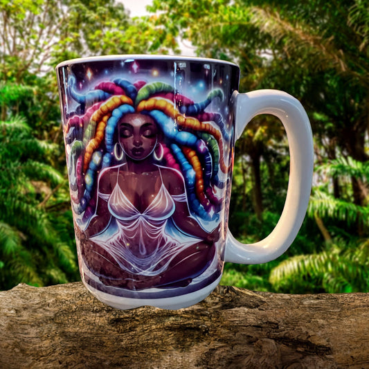 A colorful mug with an illustration of a woman with long, braided hair sitting in a meditative pose, surrounded by a lush, tropical forest background.