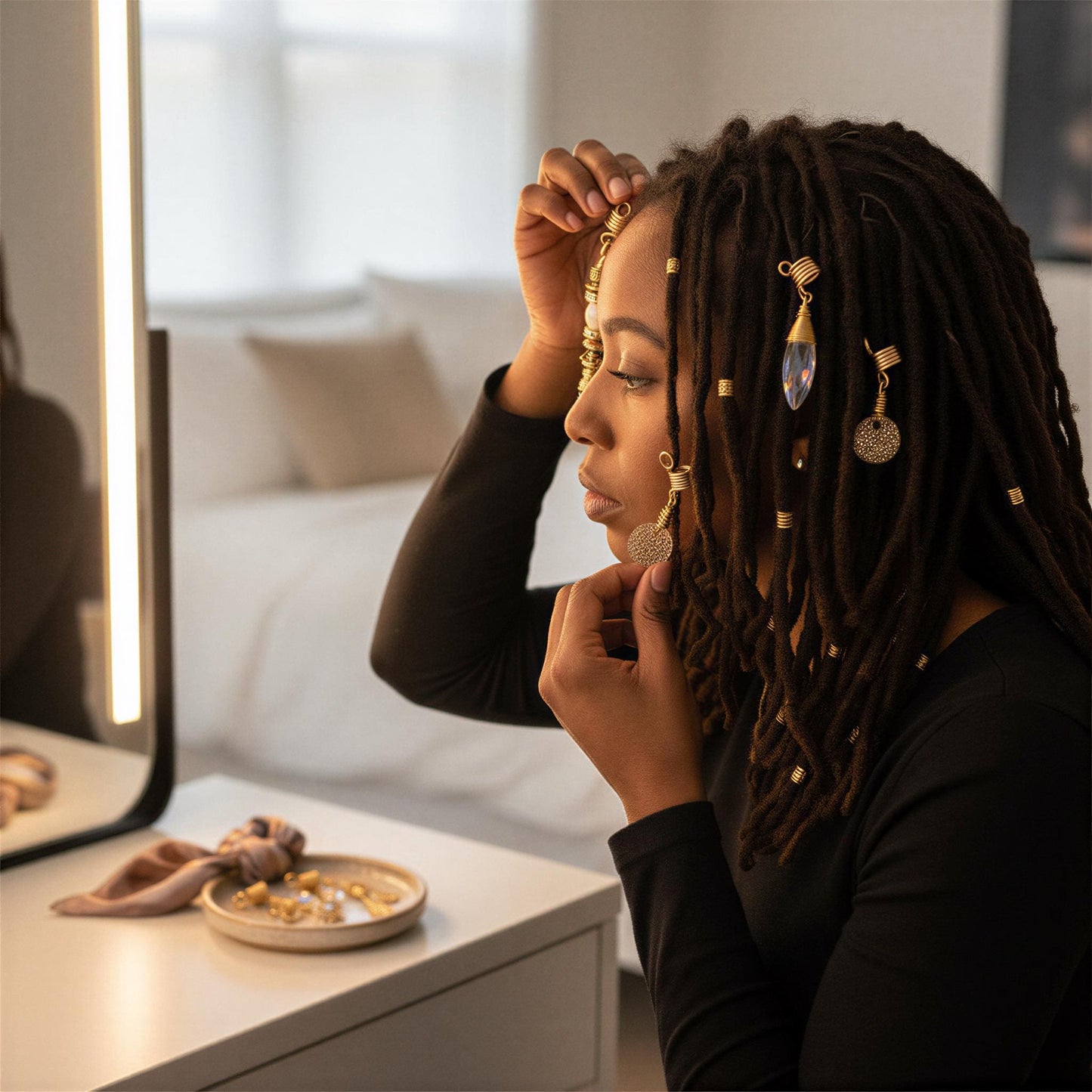 A woman with dreadlocks is sitting at a vanity, putting on earrings and adjusting her hair.