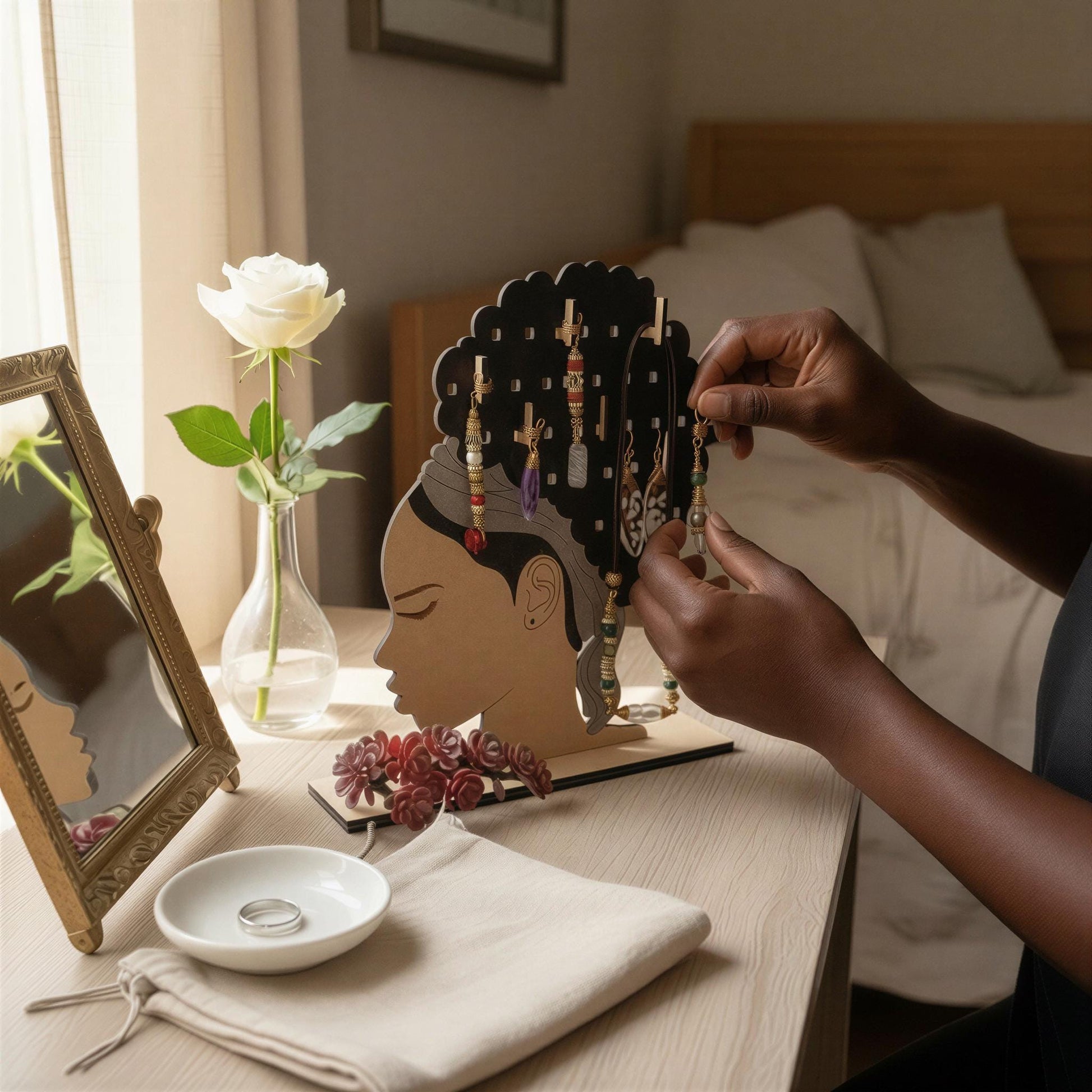 A person is arranging earrings on a wooden stand that has a stylized female head design, with a vase of flowers and a white rose nearby.