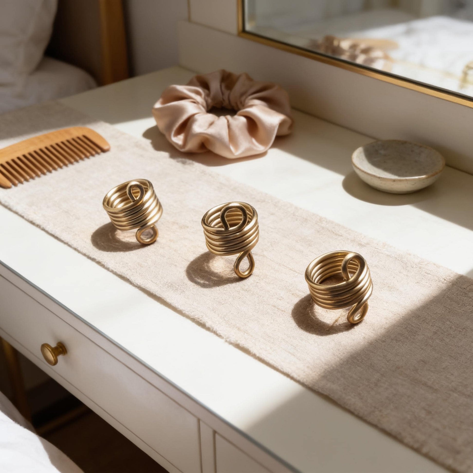a white dresser with three gold spiral rings and a pink scrunchie on a beige cloth.