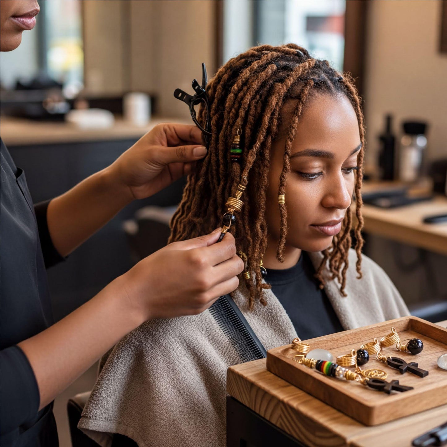 A stylist is styling a woman's braided hairstyle, using a comb and hair clips.
