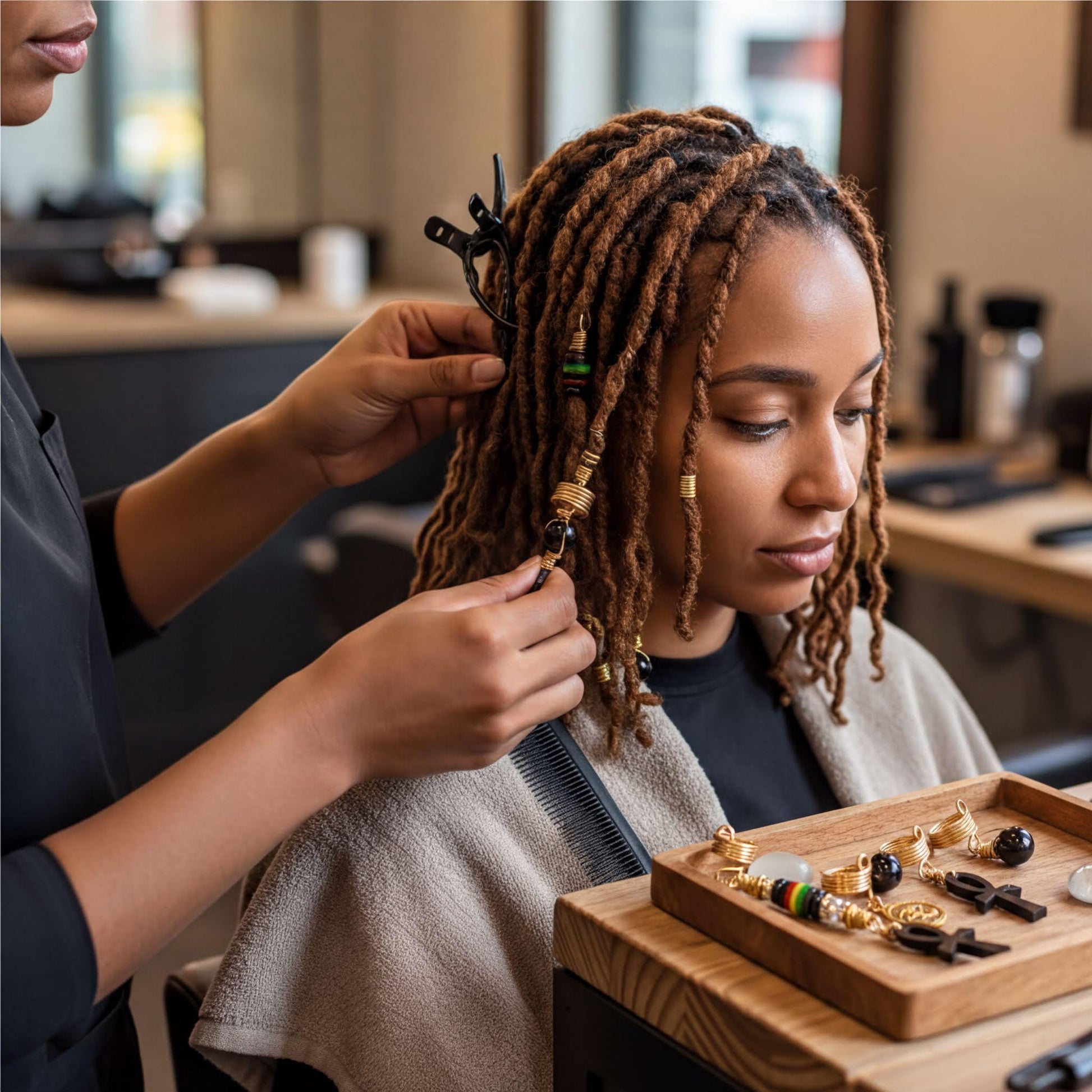 A stylist is styling a woman's braided hairstyle, using a comb and hair clips.