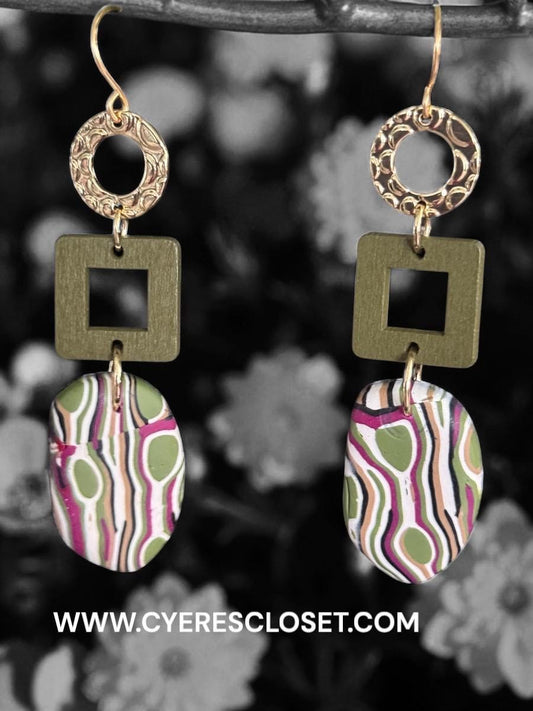 Retro Earrings, Olive Green Polymer Clay Dangles | Brushed Gold Geometric Charms - Lightweight Handmade