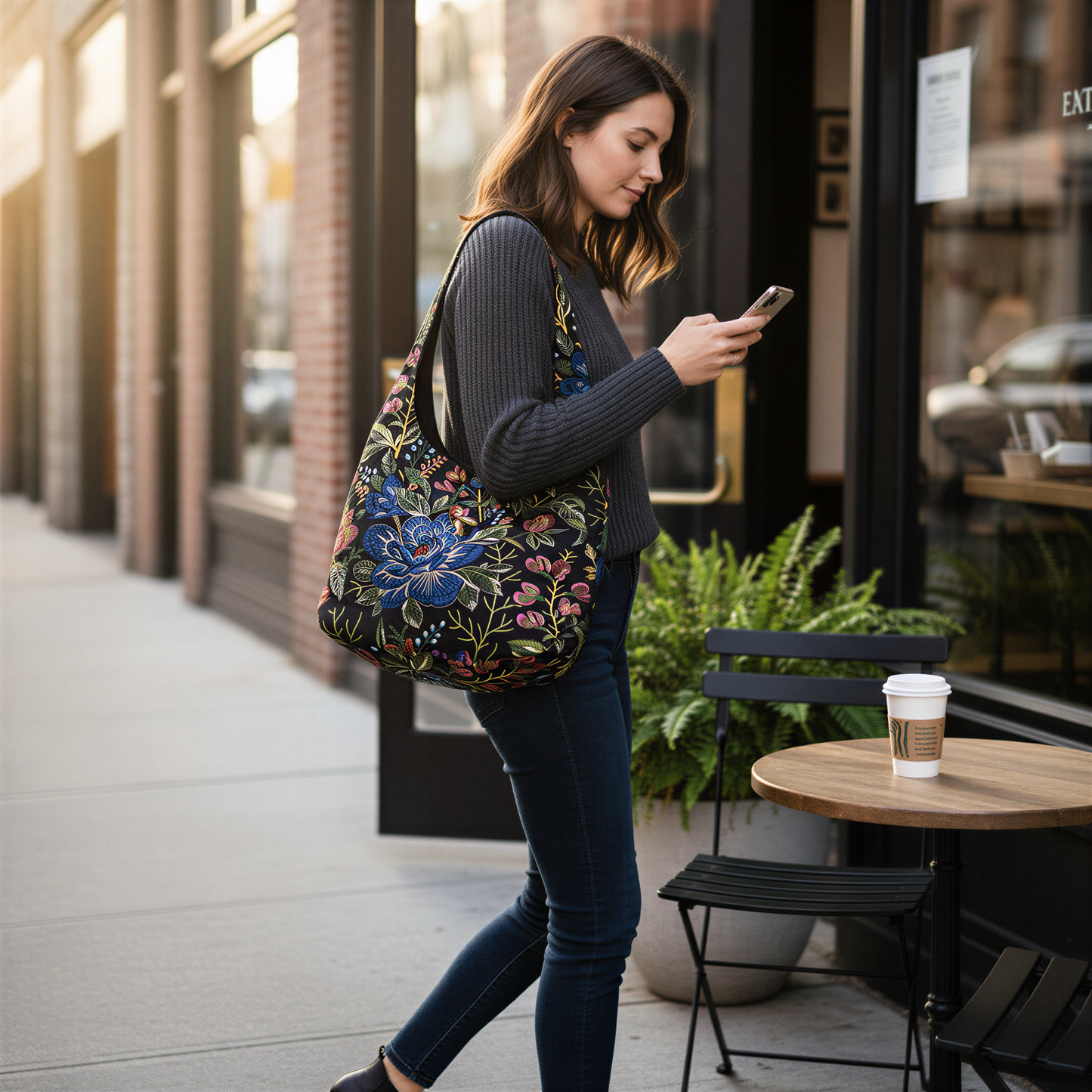 A woman is walking down a city street while looking at her phone. She is carrying a colorful bag and appears to be focused on her phone.