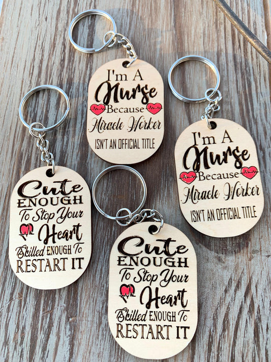 Nurse Key Chain, Wood Engraved Keepsake | Basswood | Personalized Name Back, 2 X 1 3/4 In