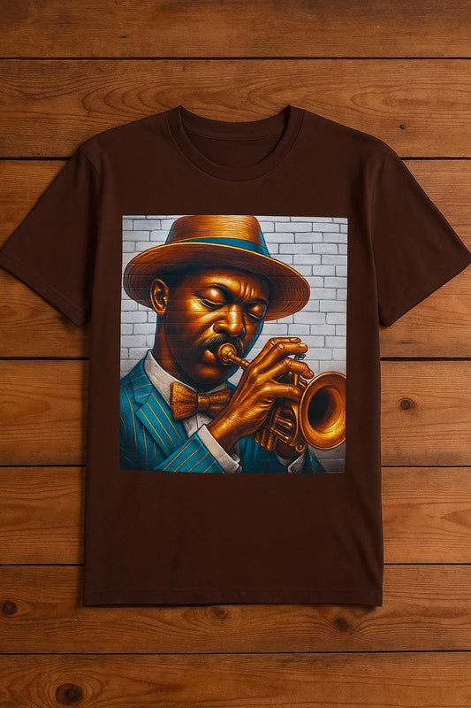 JazzTShirt, New Orleans Trumpeter Tee - Cotton Blend | Earth Tone | Mens Streetwear