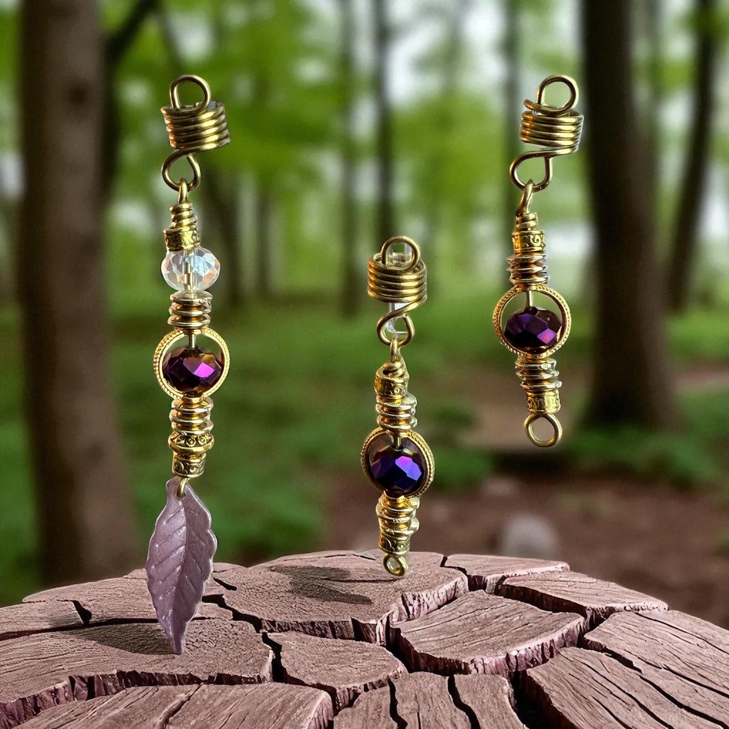 Enchanted Purple Leaf Loc Jewelry Set: Crystal Accent Hair Charms