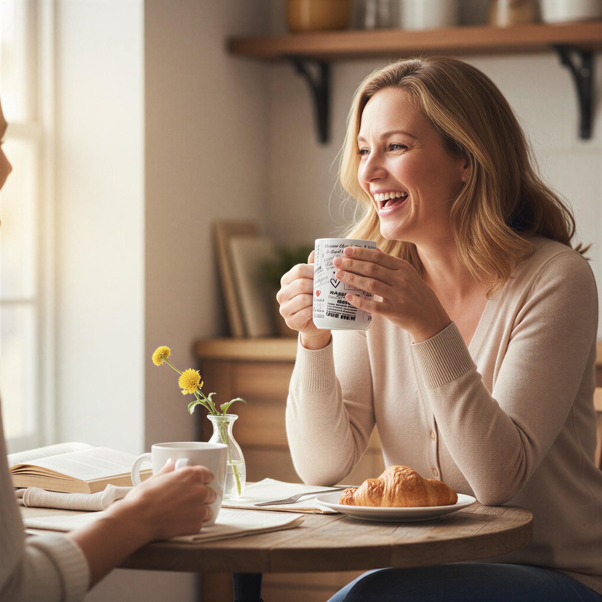 A woman is sitting at a table, smiling and holding a coffee mug, while another person is sitting across from her.
