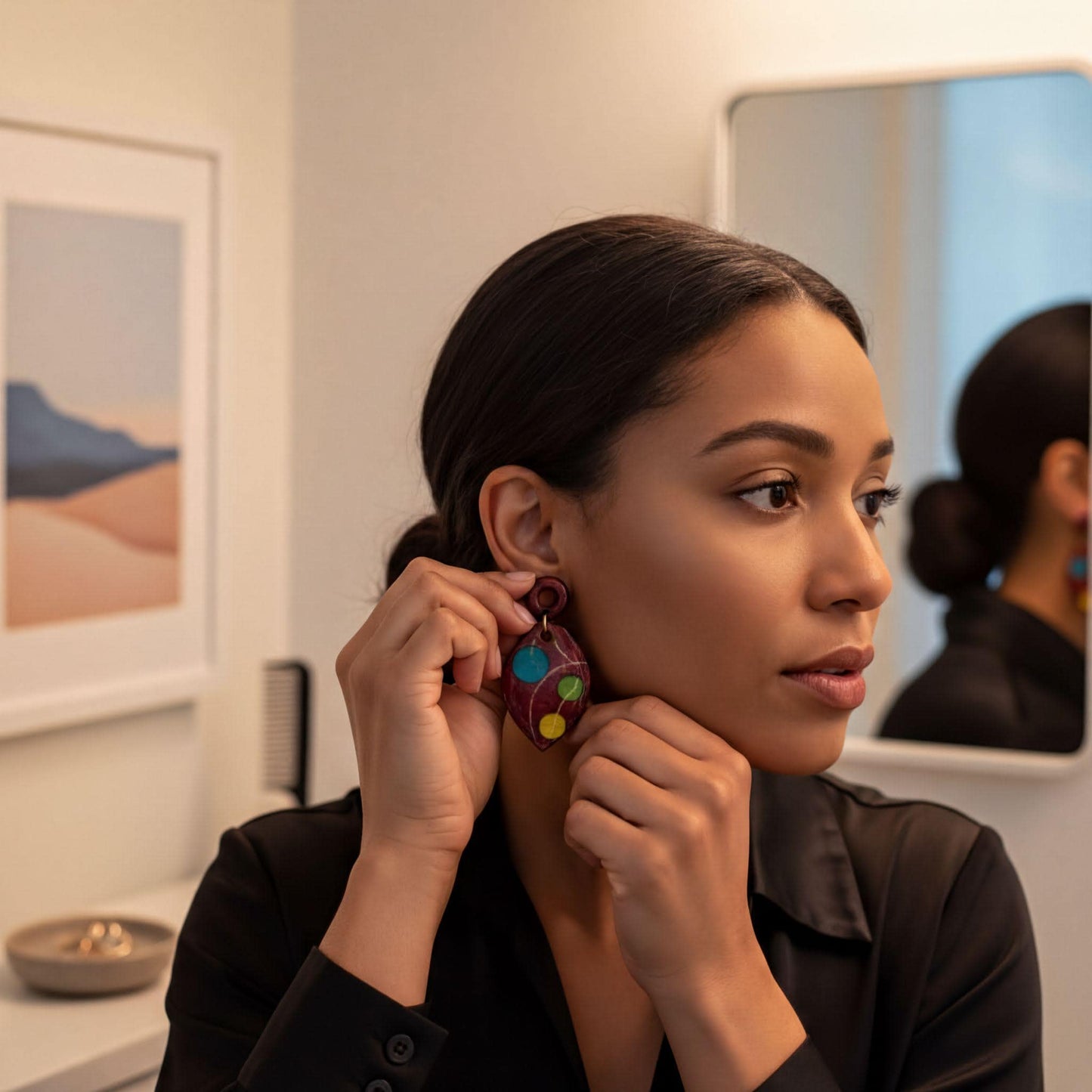 A woman in a black jacket is adjusting her colorful earrings in front of a mirror.