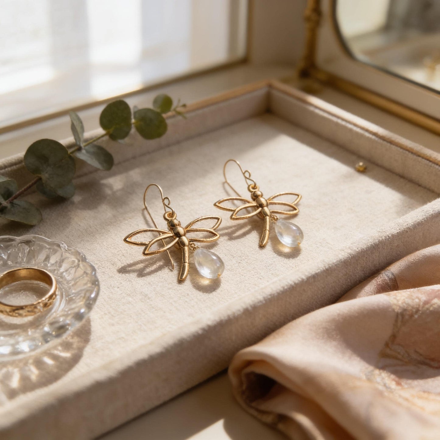 A pair of gold earrings with clear gemstones, placed on a beige tray, alongside a ring and a small glass container.