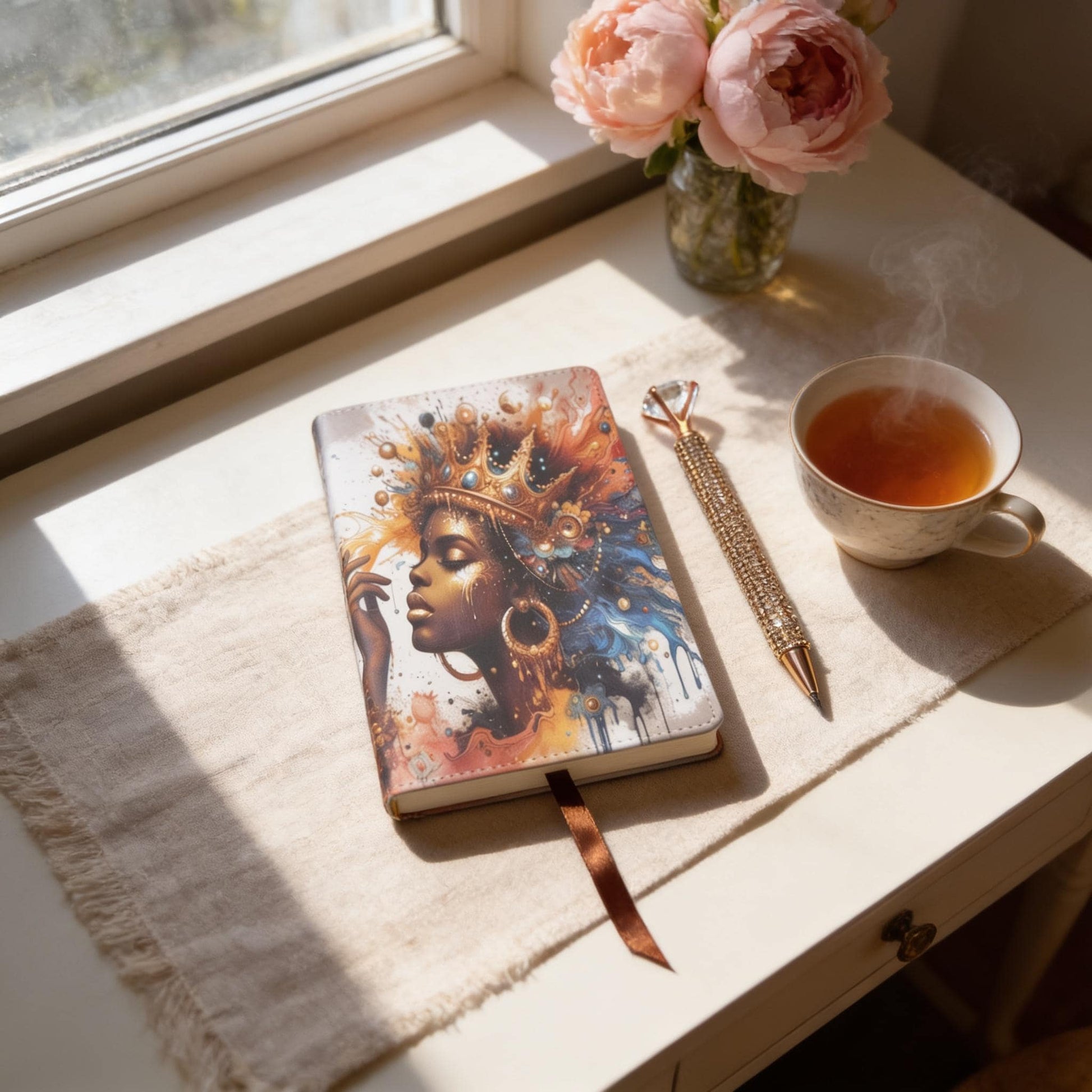 A notebook with an artistic portrait of a woman, a cup of tea, a pen, and a vase of pink flowers are arranged on a white surface near a window.