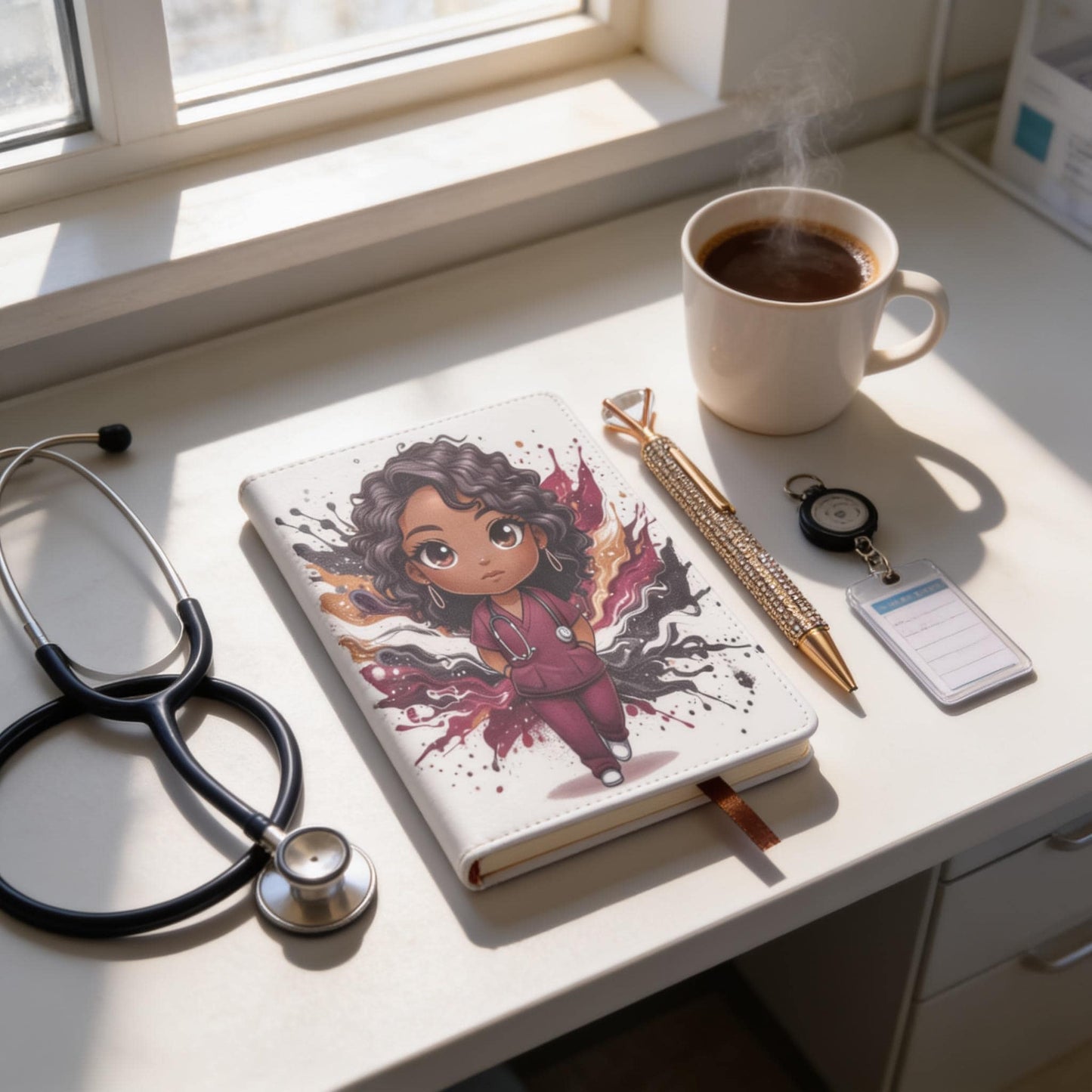 a desk with various items, including a notebook with a cartoon character, a stethoscope, a cup of coffee, a pen, and a keychain.