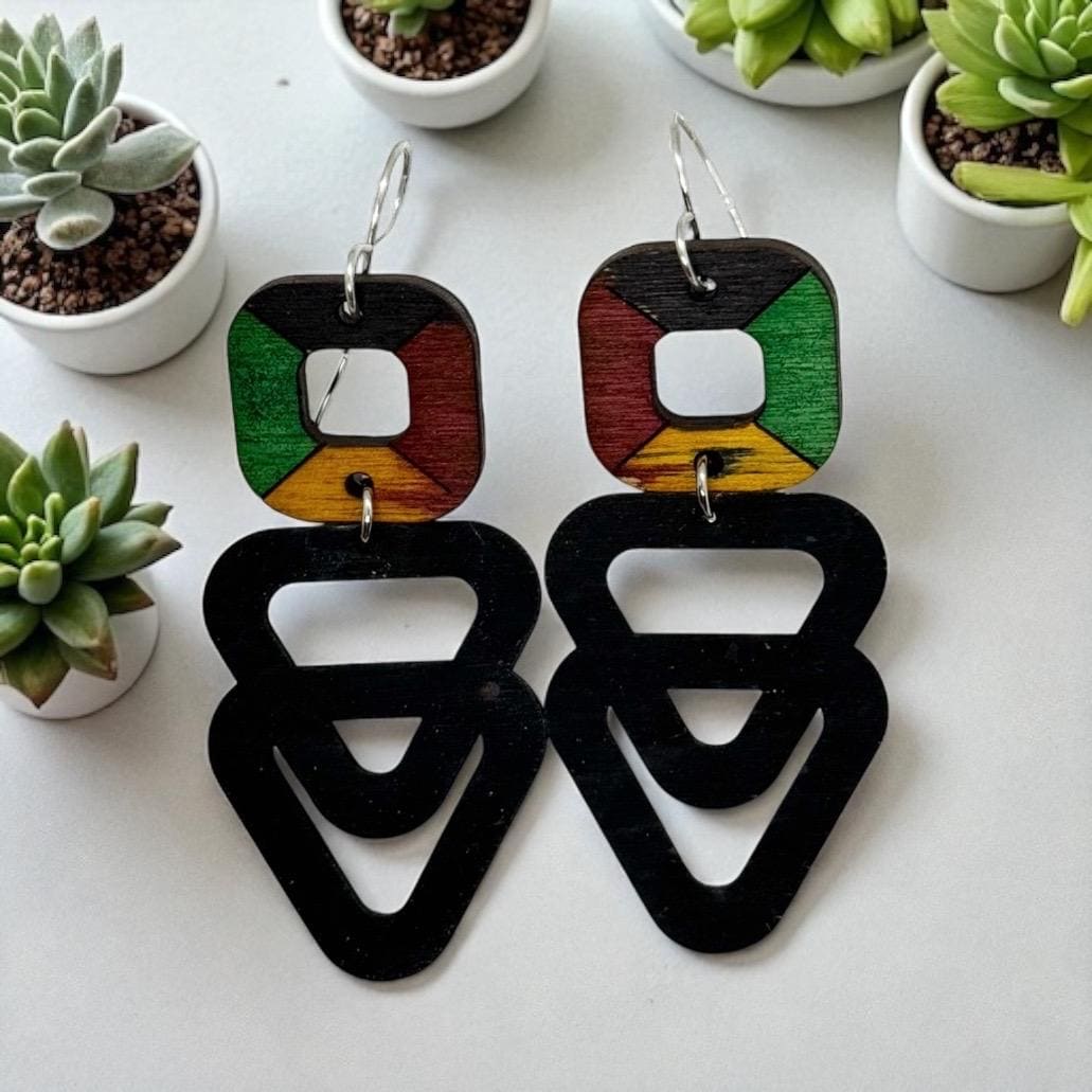 Heritage Vibe | Wooden Statement Earrings, Pan-African Geometric Cutouts - Red Green Yellow Black
