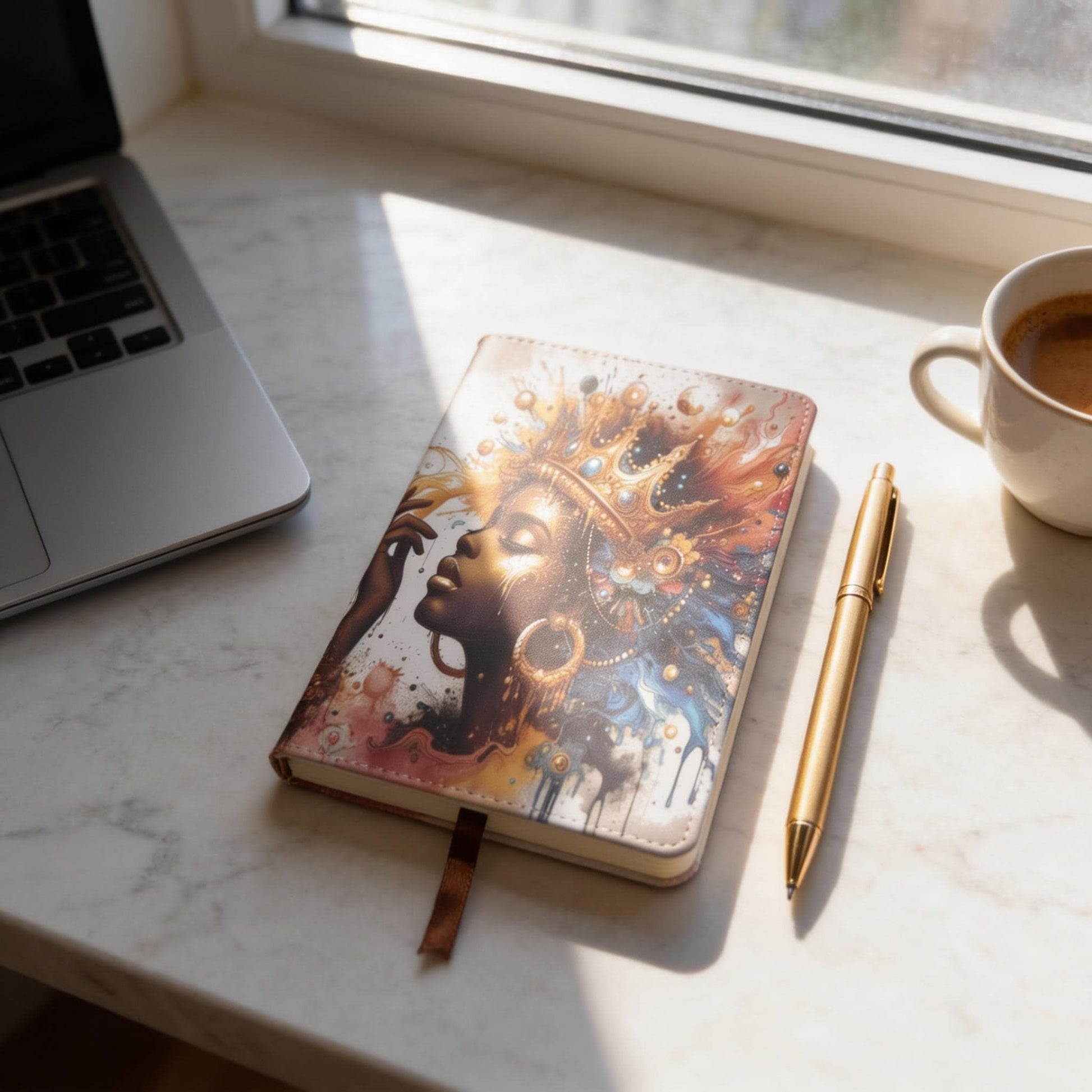 a notebook with an artistic design, a pen, a laptop, and a cup of coffee on a white marble surface.