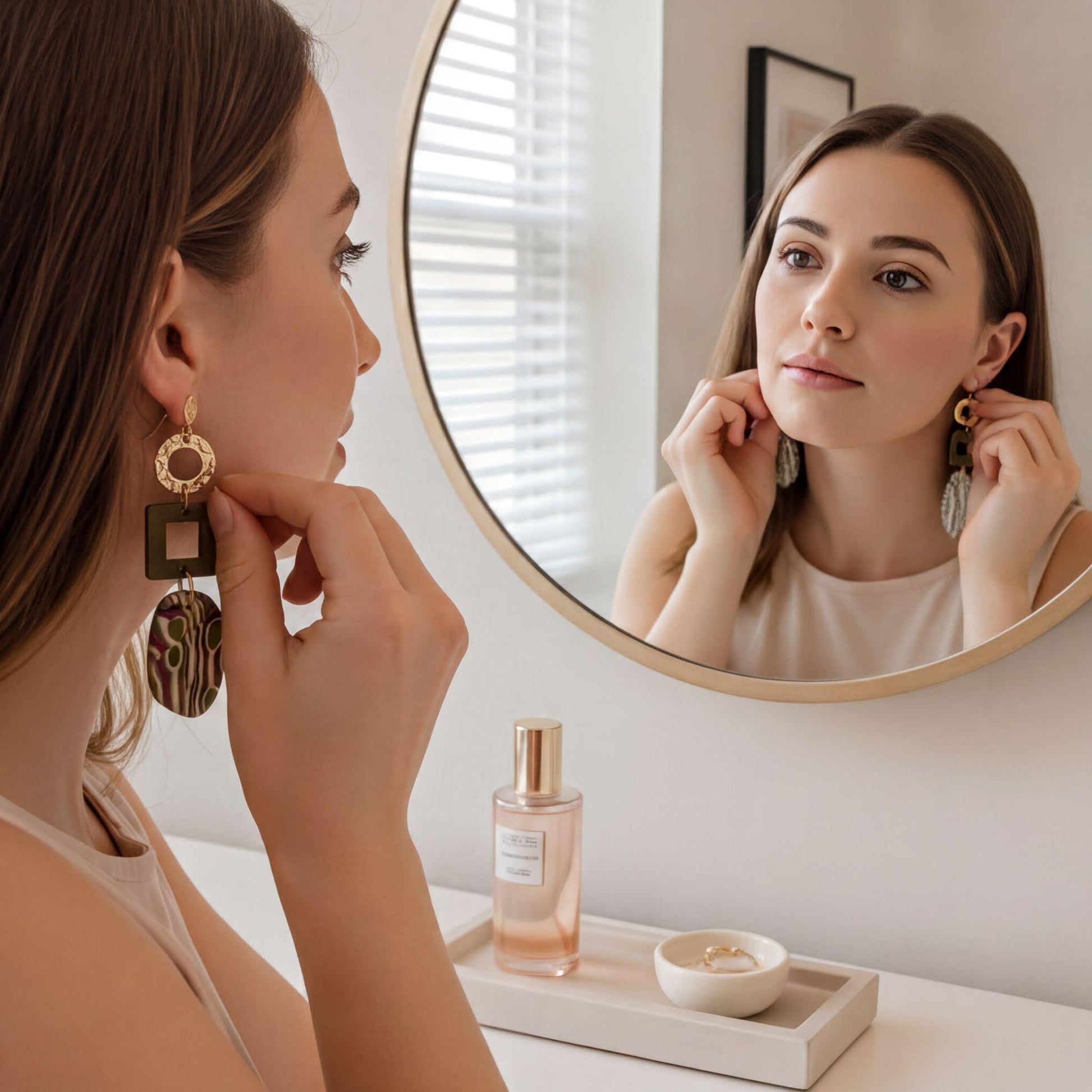 A woman is seen in front of a mirror, adjusting her earrings, with a bottle of perfume and a small bowl containing rings placed on a vanity.