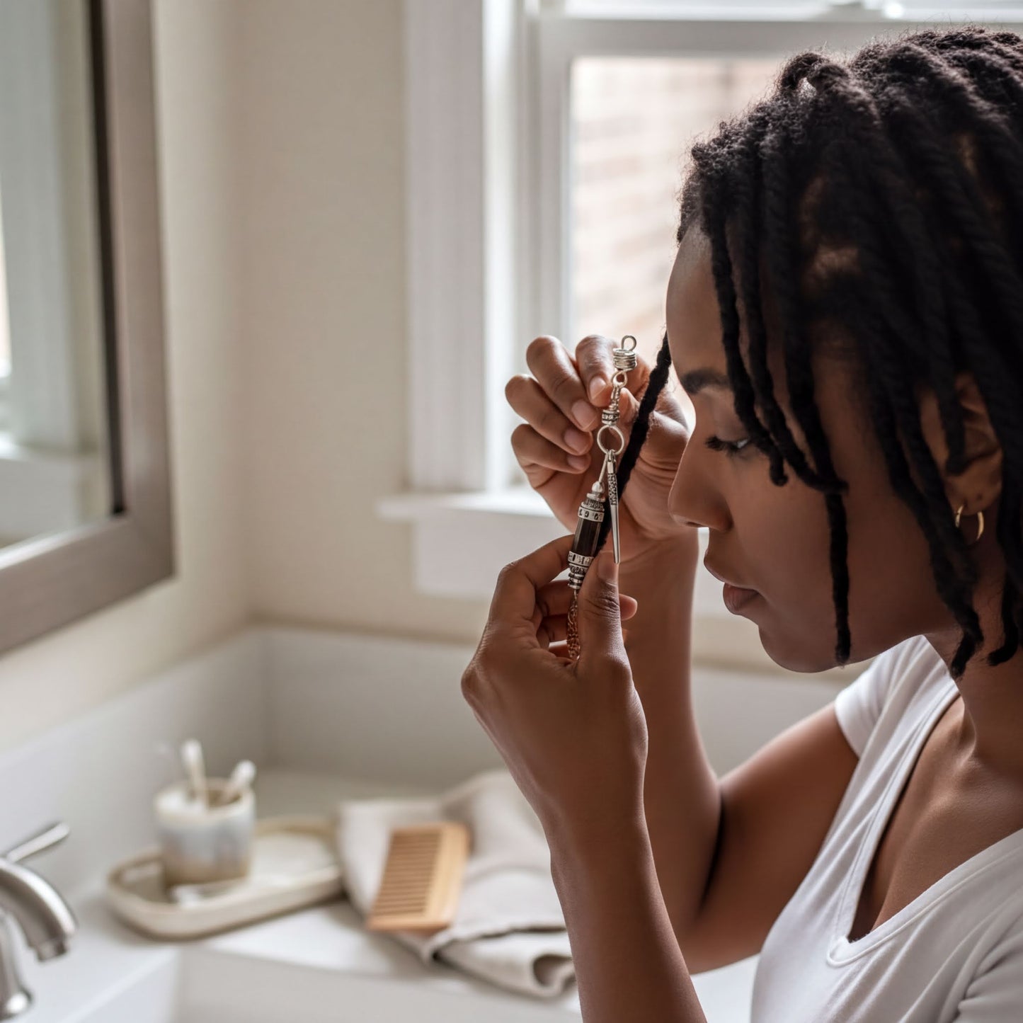A woman with braided hair is standing in front of a bathroom mirror, holding a small object in her hand.